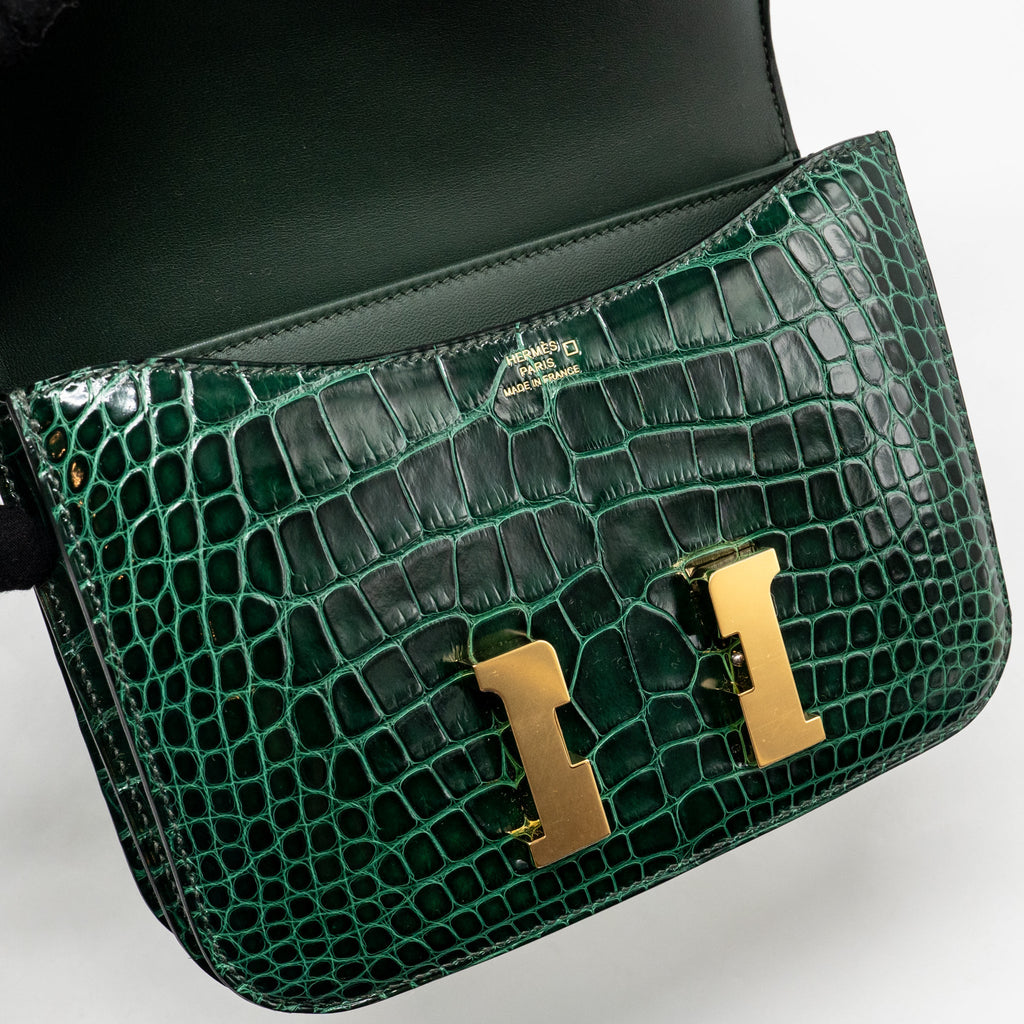 HERMES MINI CONSTANCE SHINY ALLIGATOR MISSISSIPPIENSIS VERT FONCE GHW