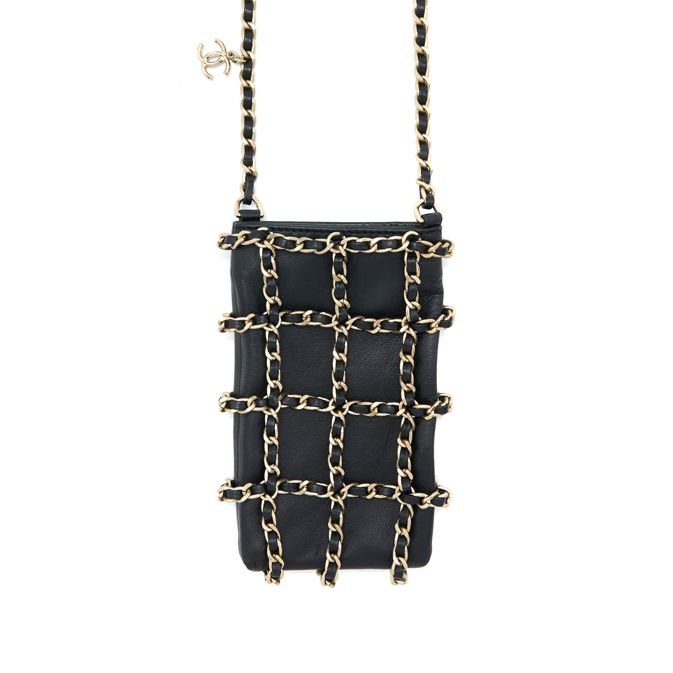 CHANEL PHONE POUCH WITH CHAIN LAMBSKIN BLACK LGHW