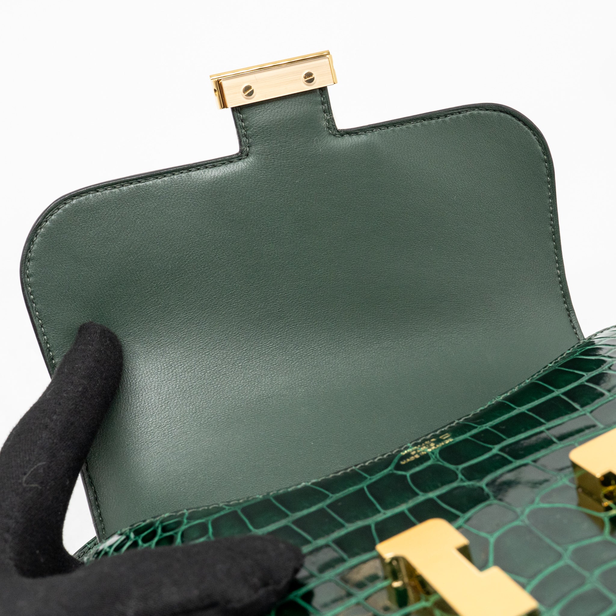 HERMES MINI CONSTANCE SHINY ALLIGATOR MISSISSIPPIENSIS VERT FONCE GHW