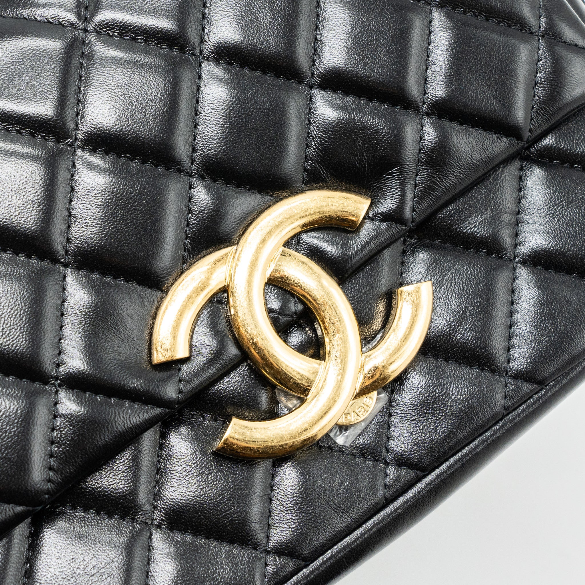 CHANEL GIANT CC LOGO FLAP BAG LAMBSKIN BLACK GHW(MICROCHIP)