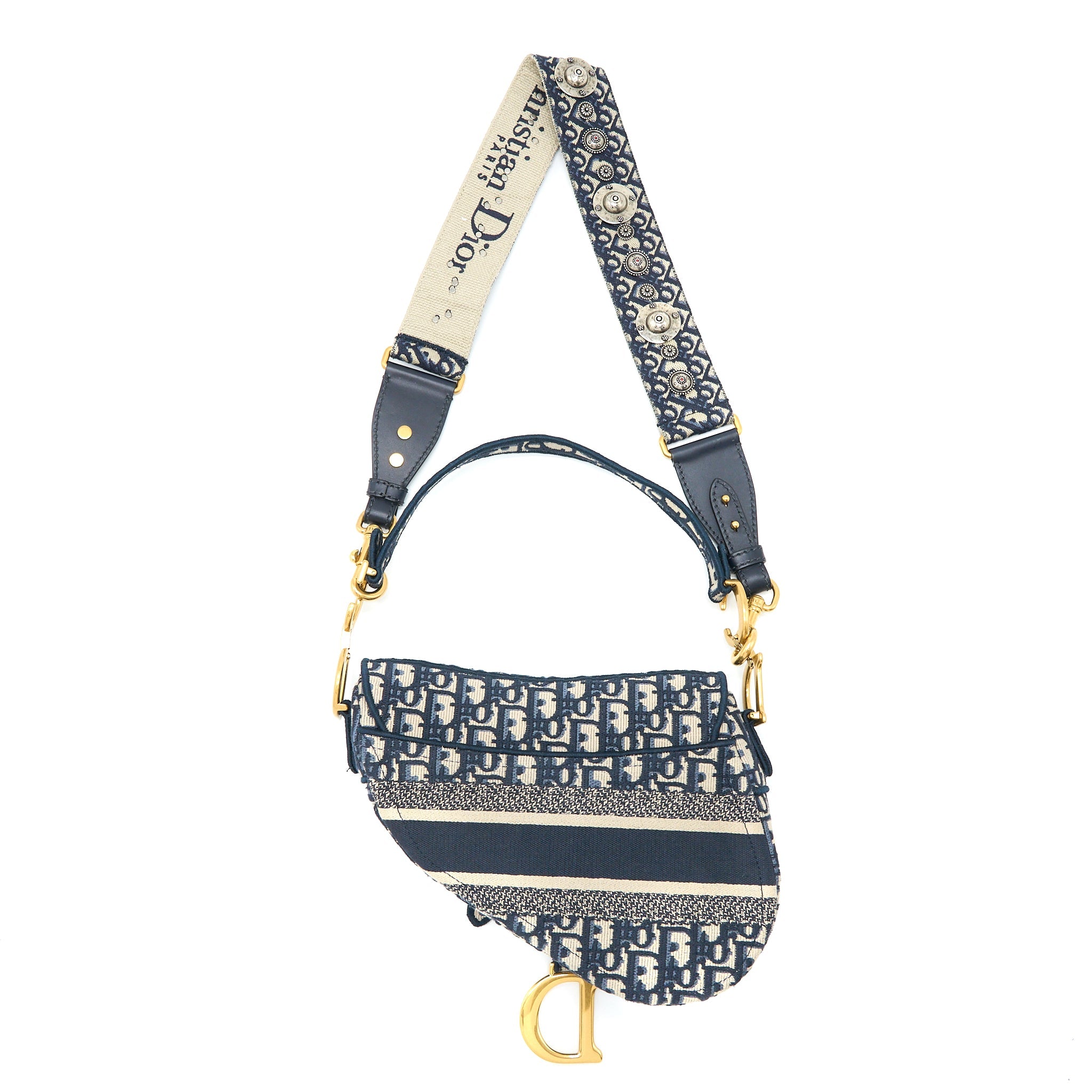 DIOR SADDLE BAG BLUE OBLIQUE EMBROIDERY BRUSHED GHW WITH DIOR STRAP
