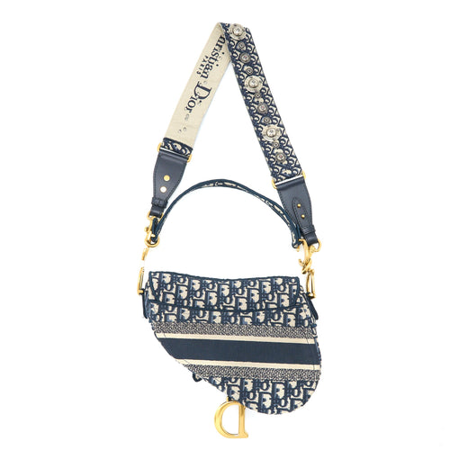 DIOR SADDLE BAG BLUE OBLIQUE EMBROIDERY BRUSHED GHW WITH DIOR STRAP
