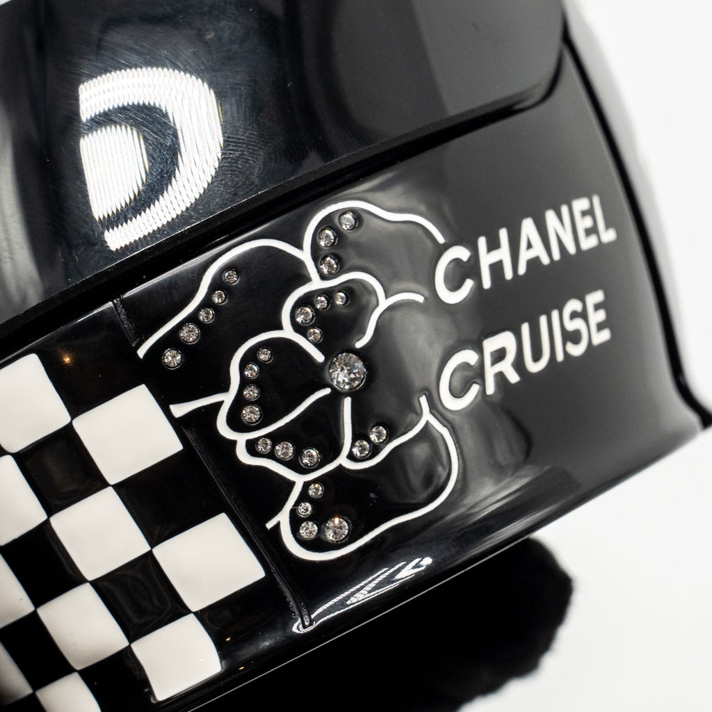 CHANEL MONTE CARLO HELMET MINAUDIERE CLUTCH BAG PLEXI/STRASS BLACK/WHITE SHW (MICROCHIP)