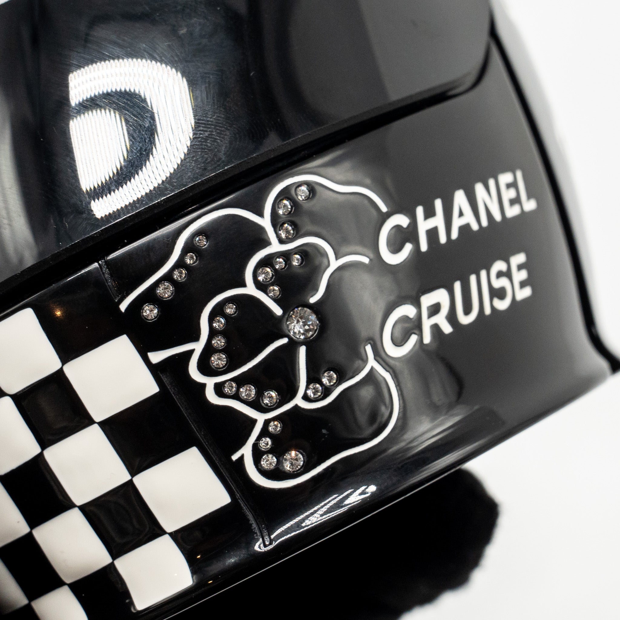 CHANEL MONTE CARLO HELMET MINAUDIERE CLUTCH BAG PLEXI/STRASS BLACK/WHITE SHW (MICROCHIP)