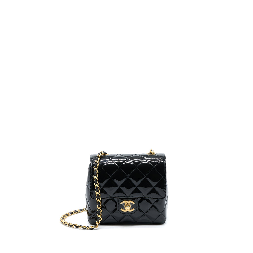 CHANEL 22K RETRO CLASSIC NEW SQUARE MINI FLAP BAG PATENT BLACK BRUSHED GHW(MICROCHIP)