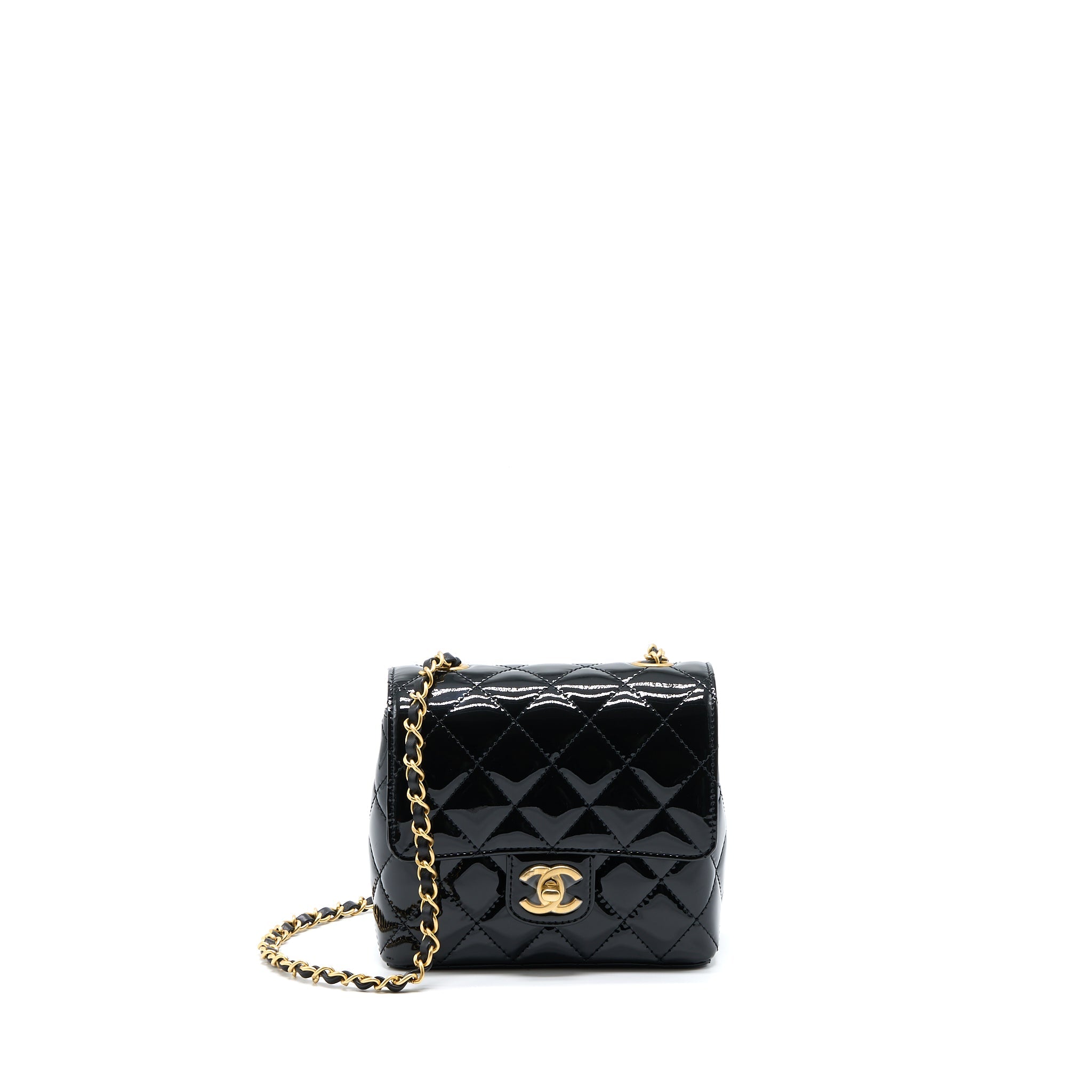 CHANEL 22K RETRO CLASSIC NEW SQUARE MINI FLAP BAG PATENT BLACK BRUSHED GHW(MICROCHIP)