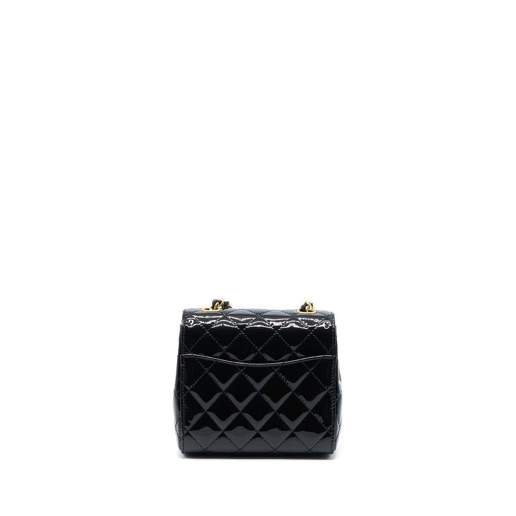 CHANEL 22K RETRO CLASSIC NEW SQUARE MINI FLAP BAG PATENT BLACK BRUSHED GHW(MICROCHIP)