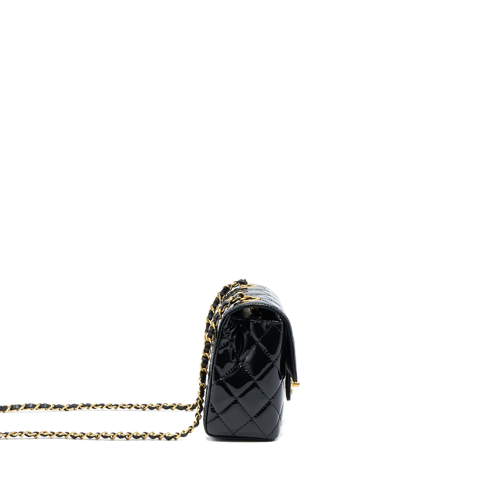 CHANEL 22K RETRO CLASSIC NEW SQUARE MINI FLAP BAG PATENT BLACK BRUSHED GHW(MICROCHIP)
