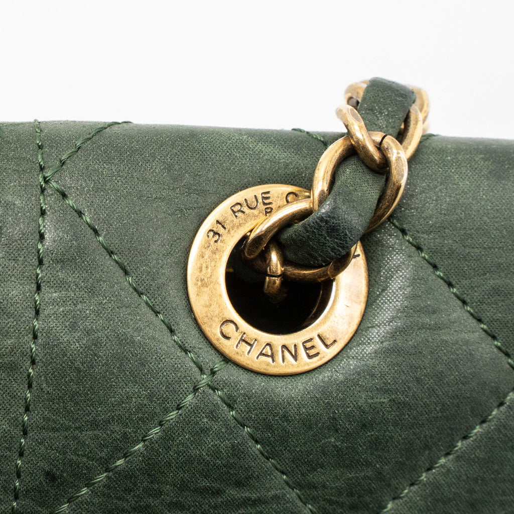 CHANEL QUILTED FLAP BAG CALFSKIN GREEN RUTHENIUM GHW