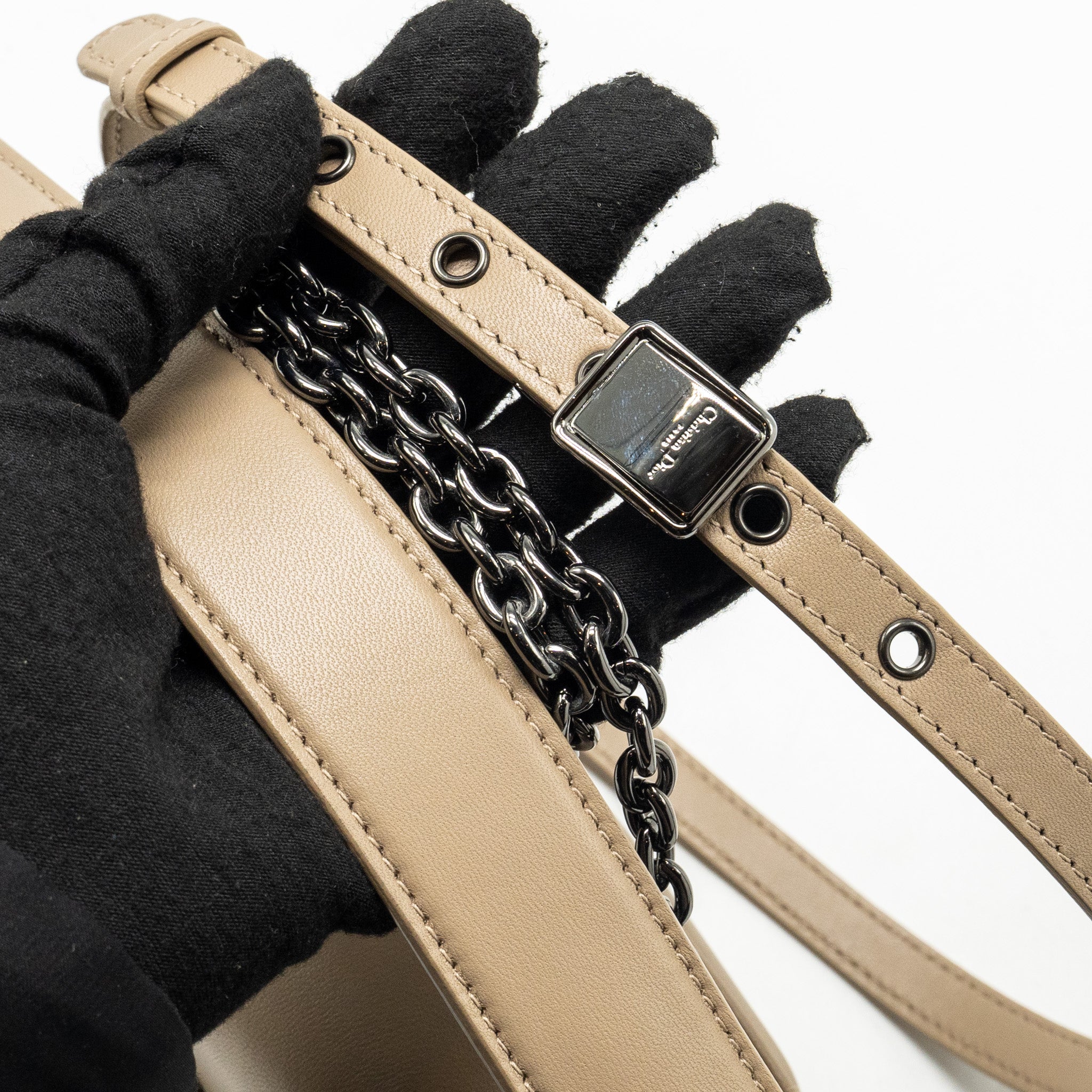 DIOR 30 MONTAIGNE POUCH WITH SHOULDER STRAP LAMBSKIN BEIGE BLACK HARDWARE