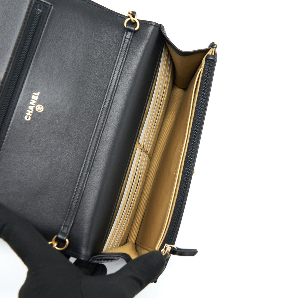CHANEL 22S PEARL CRUSH WALLET ON CHAIN LAMBSKIN BLACK GHW (MICROCHIP)