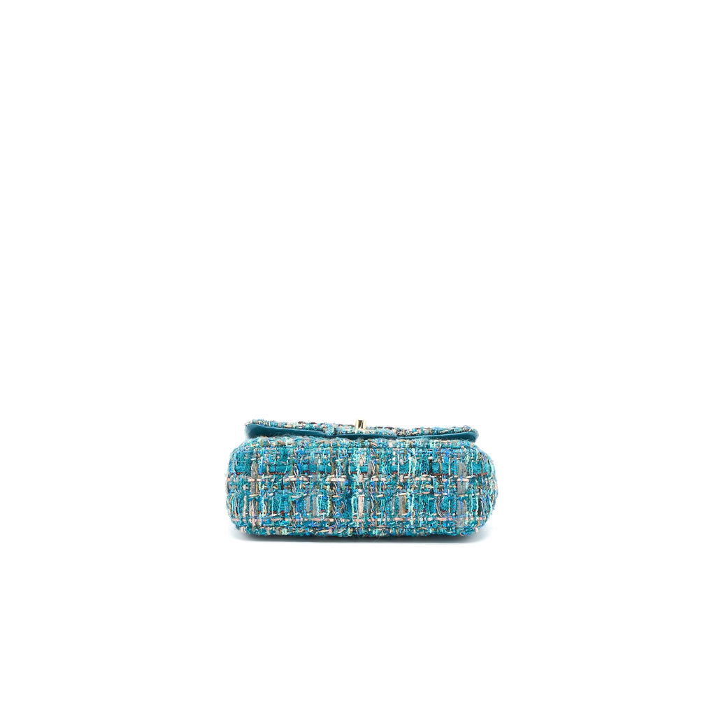 CHANEL MINI RECTANGULAR FLAP BAG TWEED MULTICOLOR GREEN LGHW