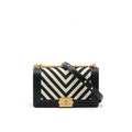 CHANEL TWEED MEDIUM LE BOY CHEVRON BLACK AND WHITE GHW