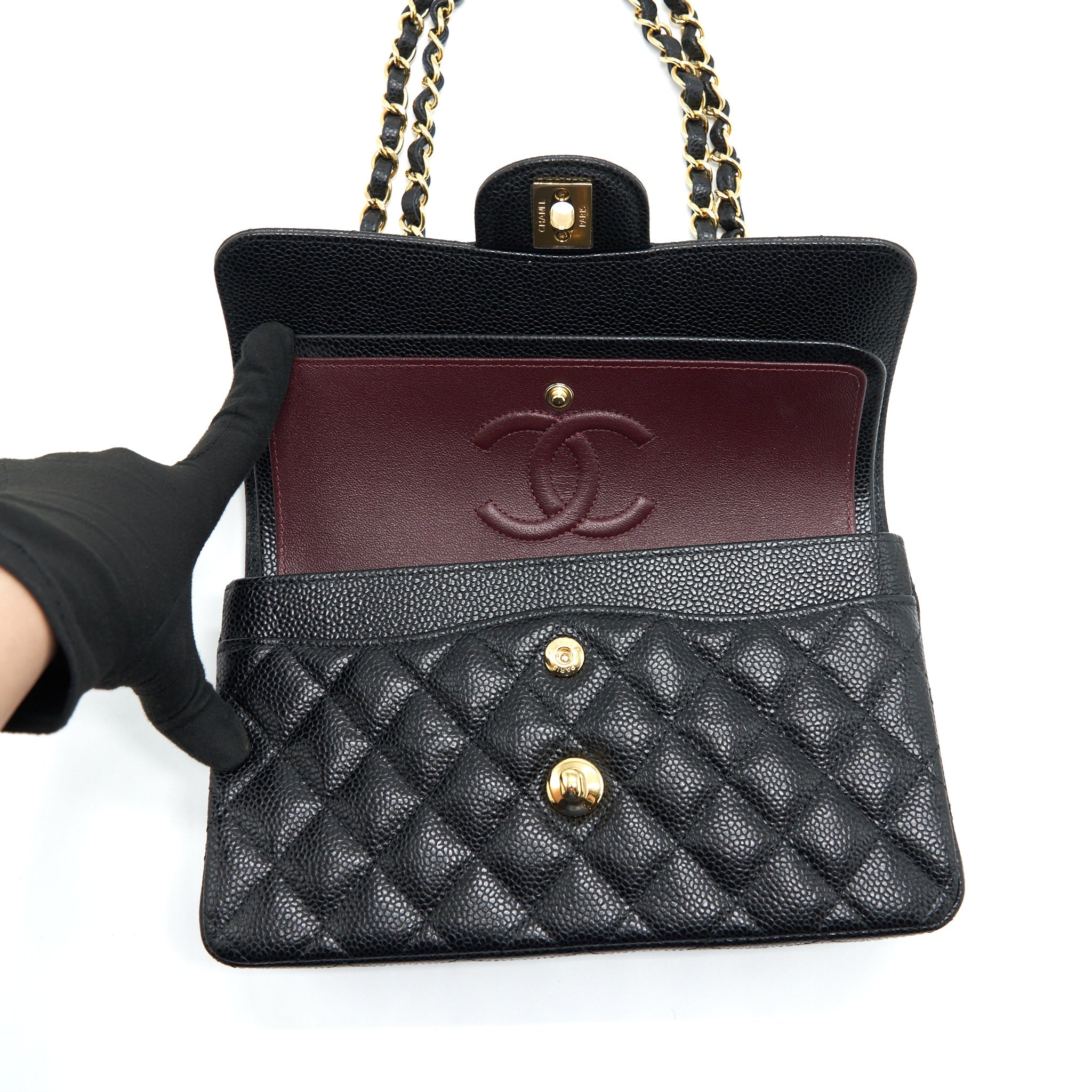 CHANEL SMALL CLASSIC DOUBLE FLAP BAG CAVIAR BLACK LGHW (MICROCHIP)