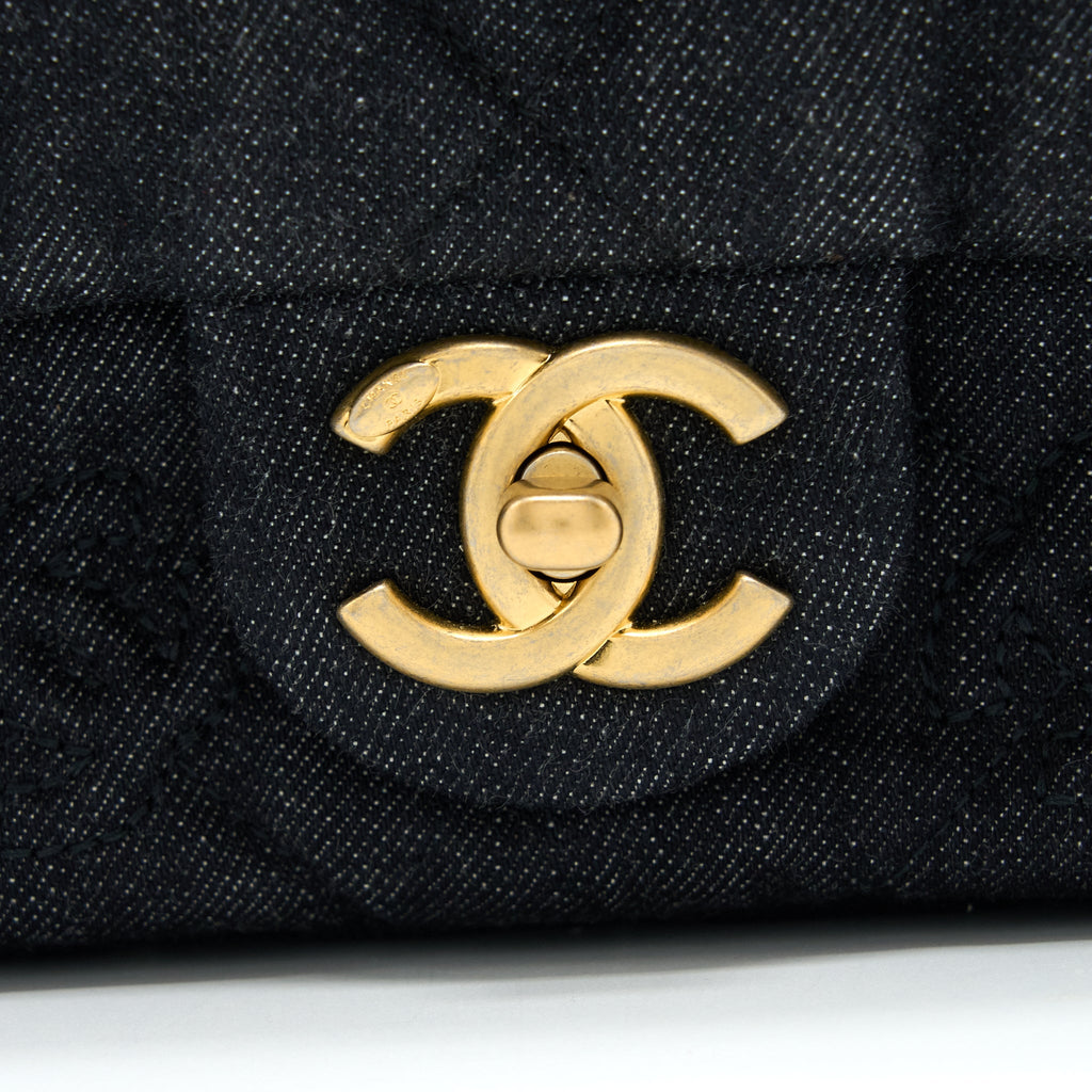 CHANEL CHUNKY CHAIN FLAP BAG DENIM BLACK BRUSHED GHW (MICROCHIP)
