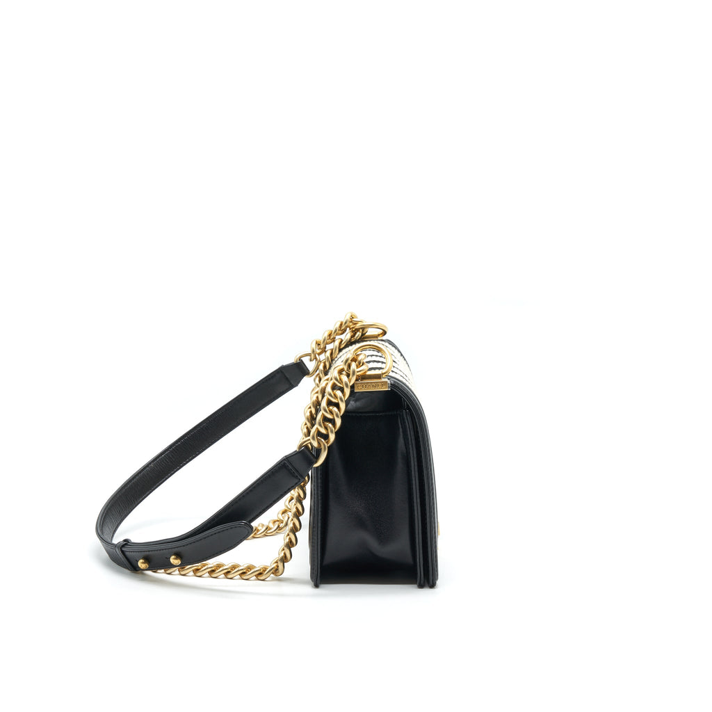 CHANEL TWEED MEDIUM LE BOY CHEVRON BLACK AND WHITE GHW