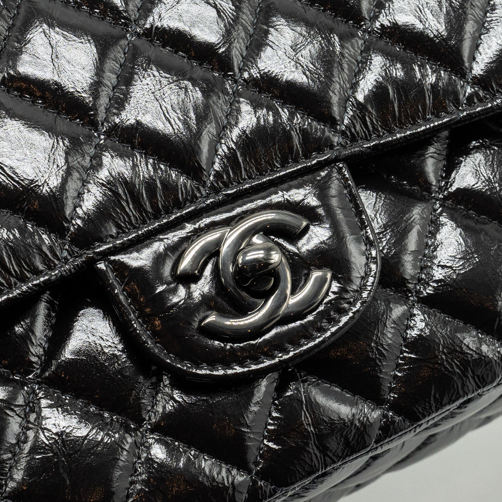 CHANEL MEDIUM CLASSIC DOUBLE FLAP BAG SHINY AGED CALFSKIN SO BLACK
