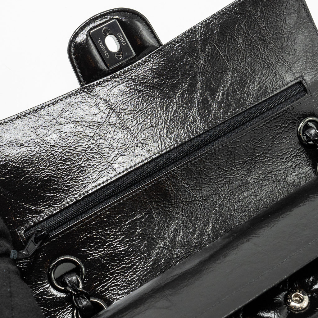 CHANEL MEDIUM CLASSIC DOUBLE FLAP BAG SHINY AGED CALFSKIN SO BLACK