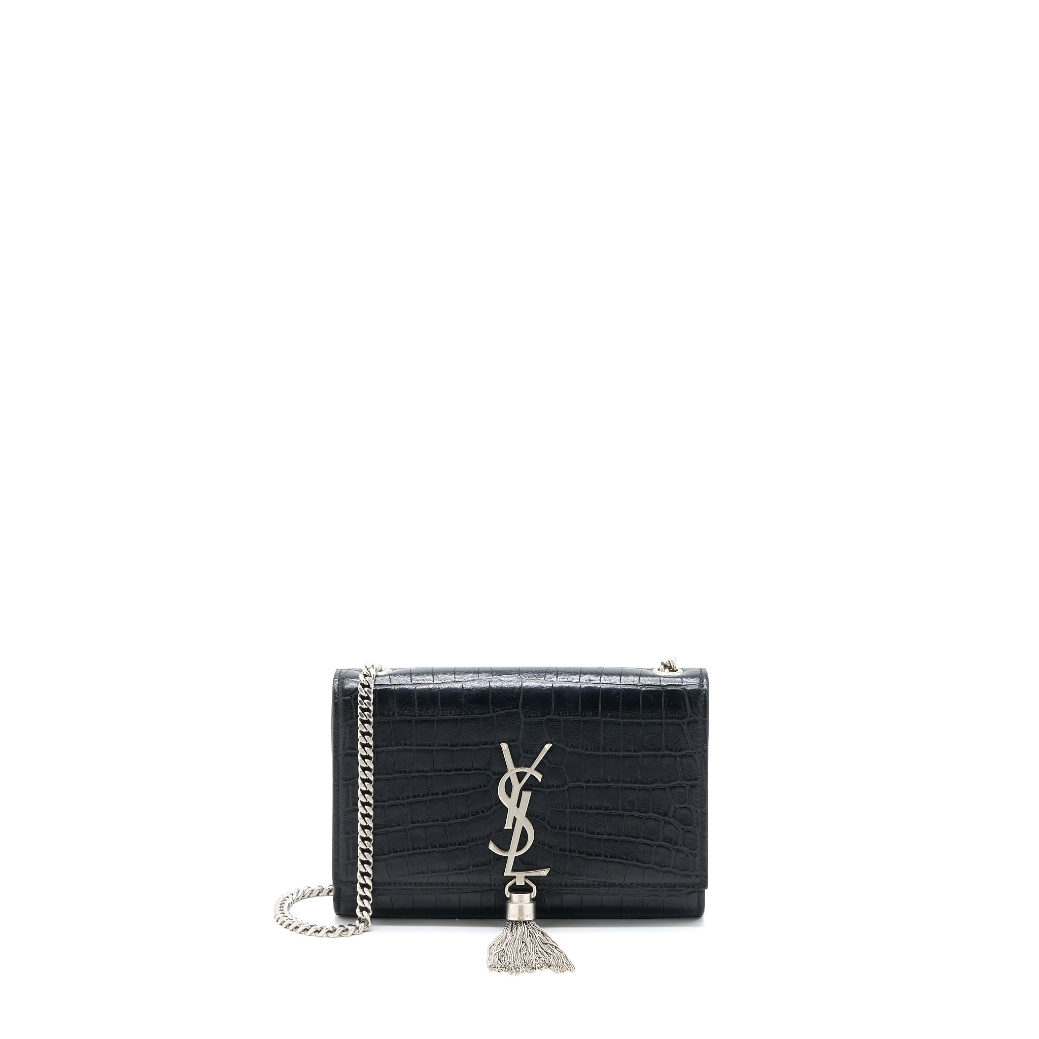 SAINT LAURENT KATE TASSEL CROC EMBOSSED CALFSKIN BLACK SHW