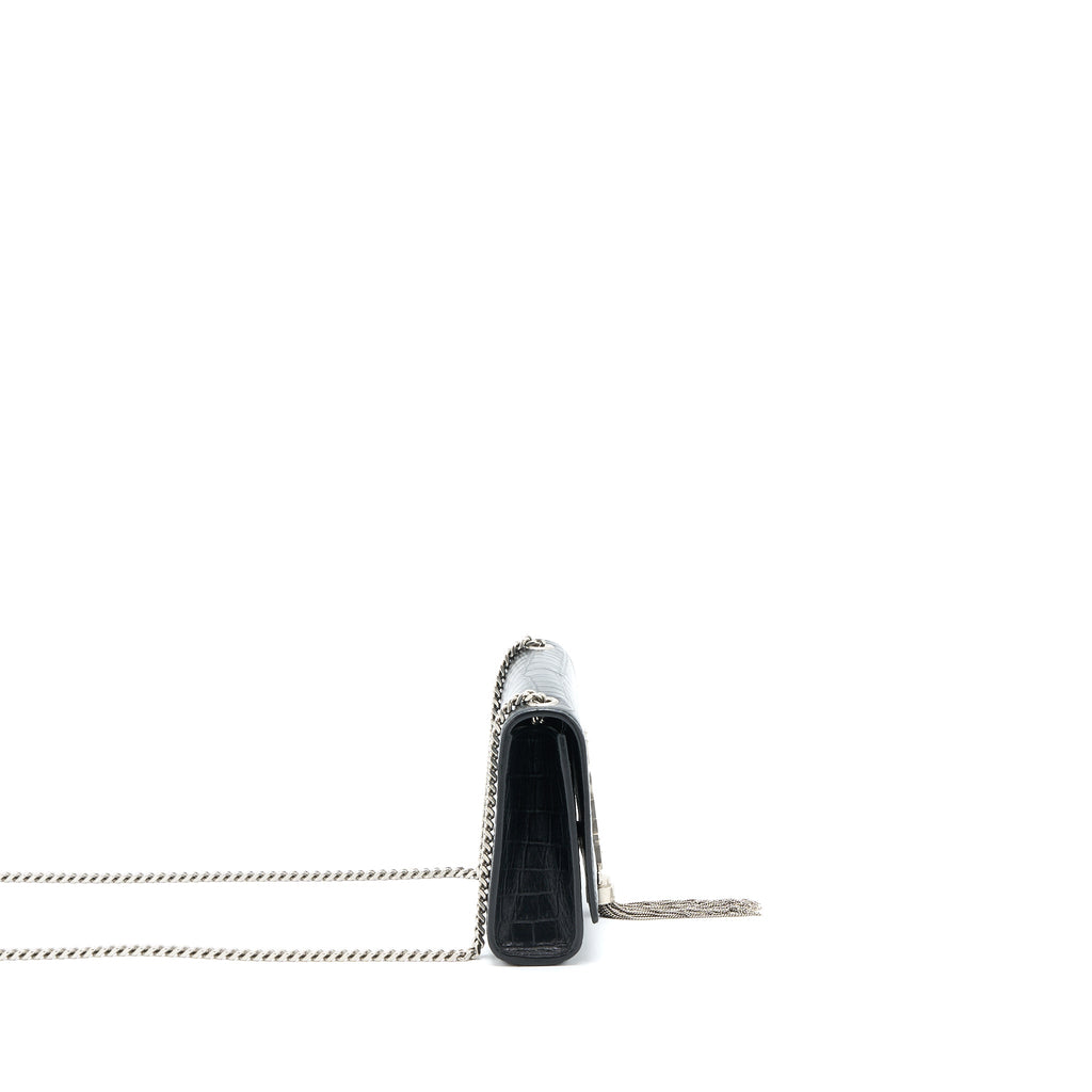 SAINT LAURENT KATE TASSEL CROC EMBOSSED CALFSKIN BLACK SHW