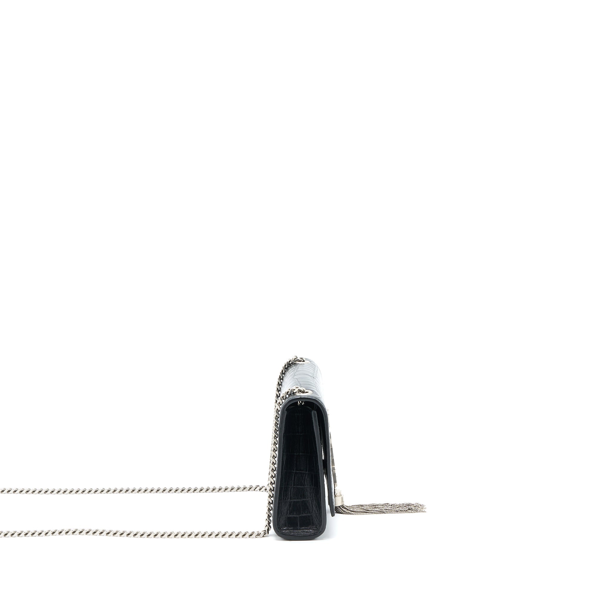 SAINT LAURENT KATE TASSEL CROC EMBOSSED CALFSKIN BLACK SHW