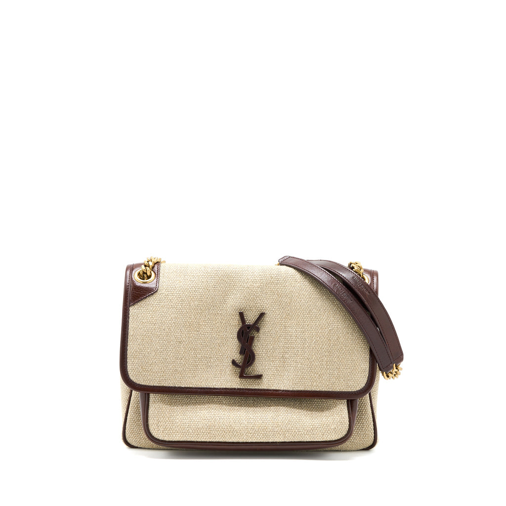 SAINT LAURENT MEDIUM NIKI BAG TRIMMED LINEN CANVAS BROWN