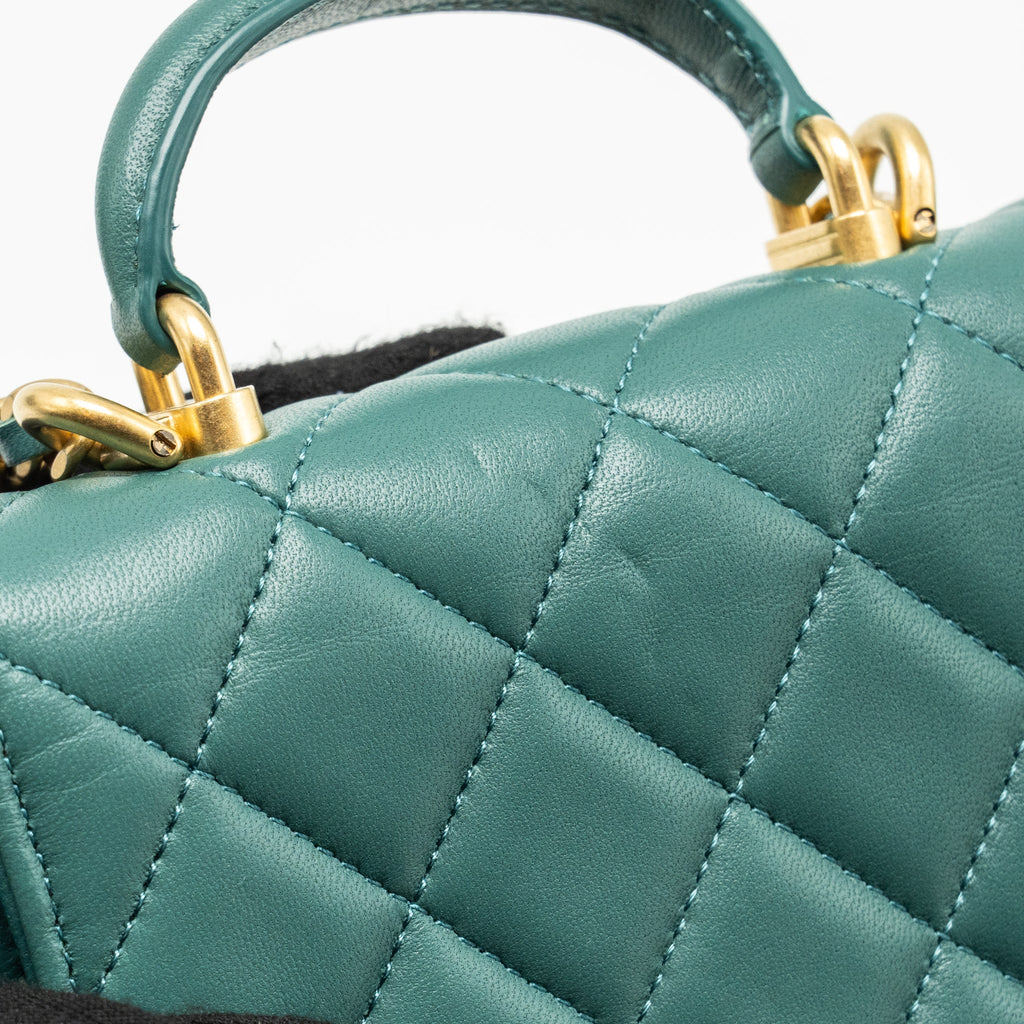 CHANEL TOP HANDLE MINI FLAP BAG WITH CHAIN LAMBSKIN GREEN GHW