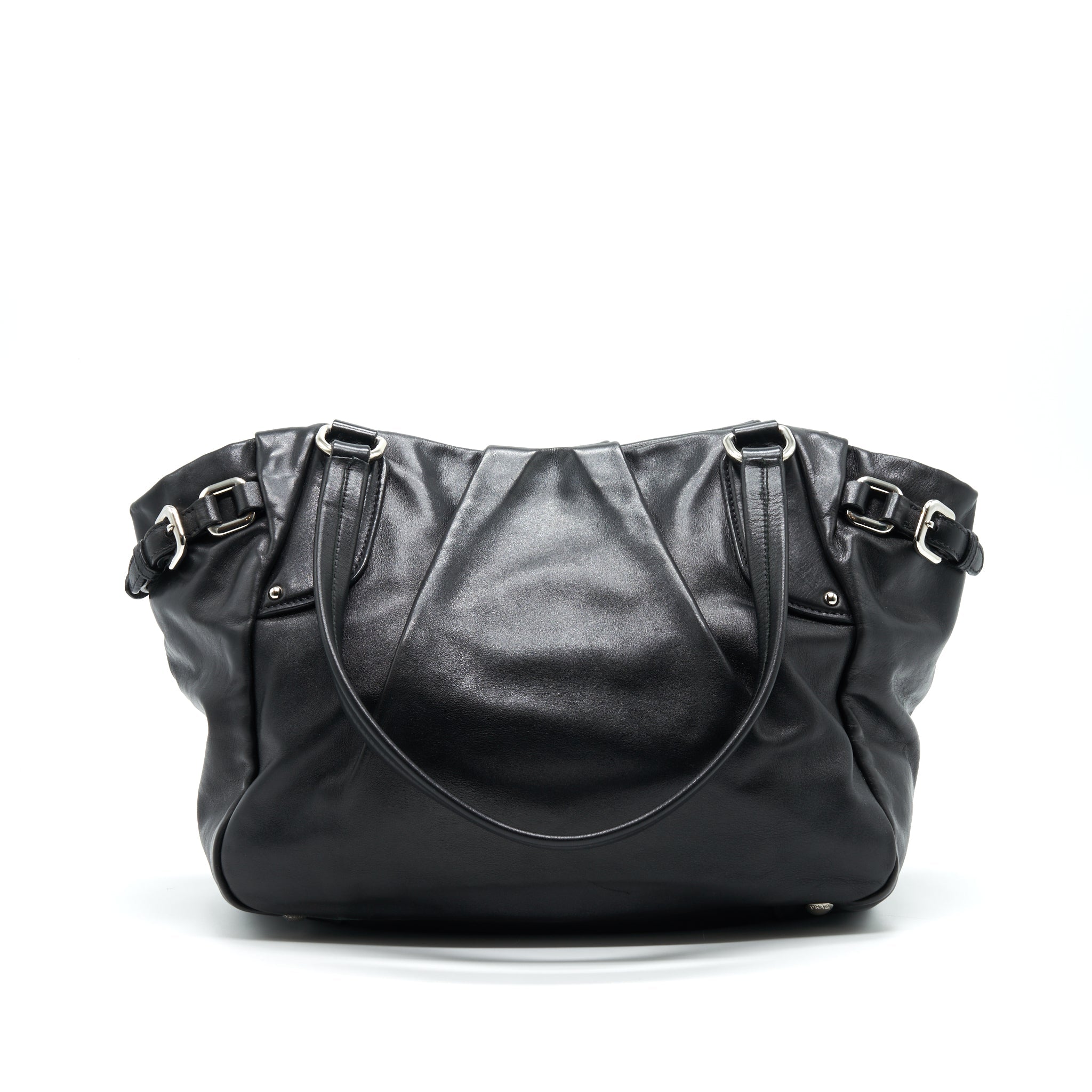 PRADA PRUGNA SOFT CALFSKIN LEATHER SHOPPING TOTE BAG BLACK