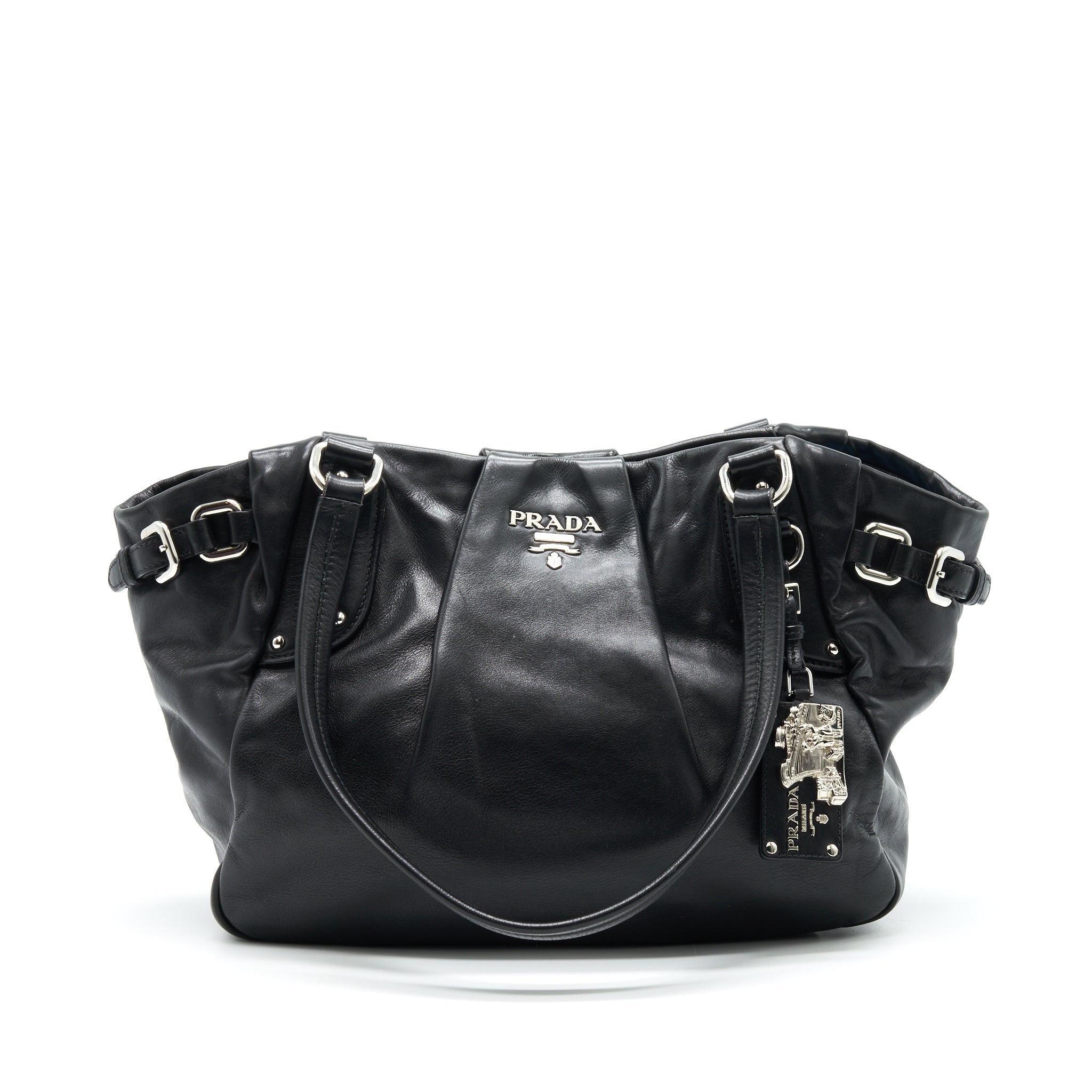 PRADA PRUGNA SOFT CALFSKIN LEATHER SHOPPING TOTE BAG BLACK