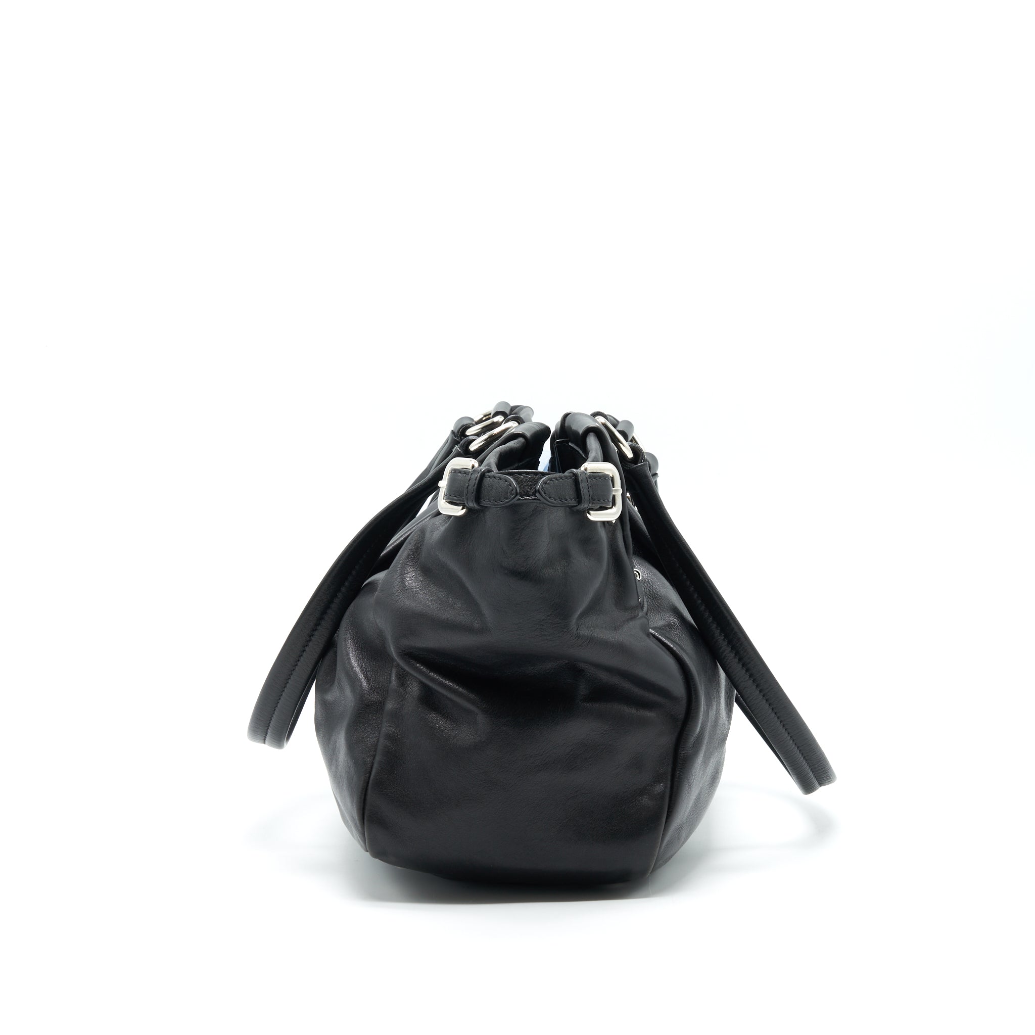 PRADA PRUGNA SOFT CALFSKIN LEATHER SHOPPING TOTE BAG BLACK