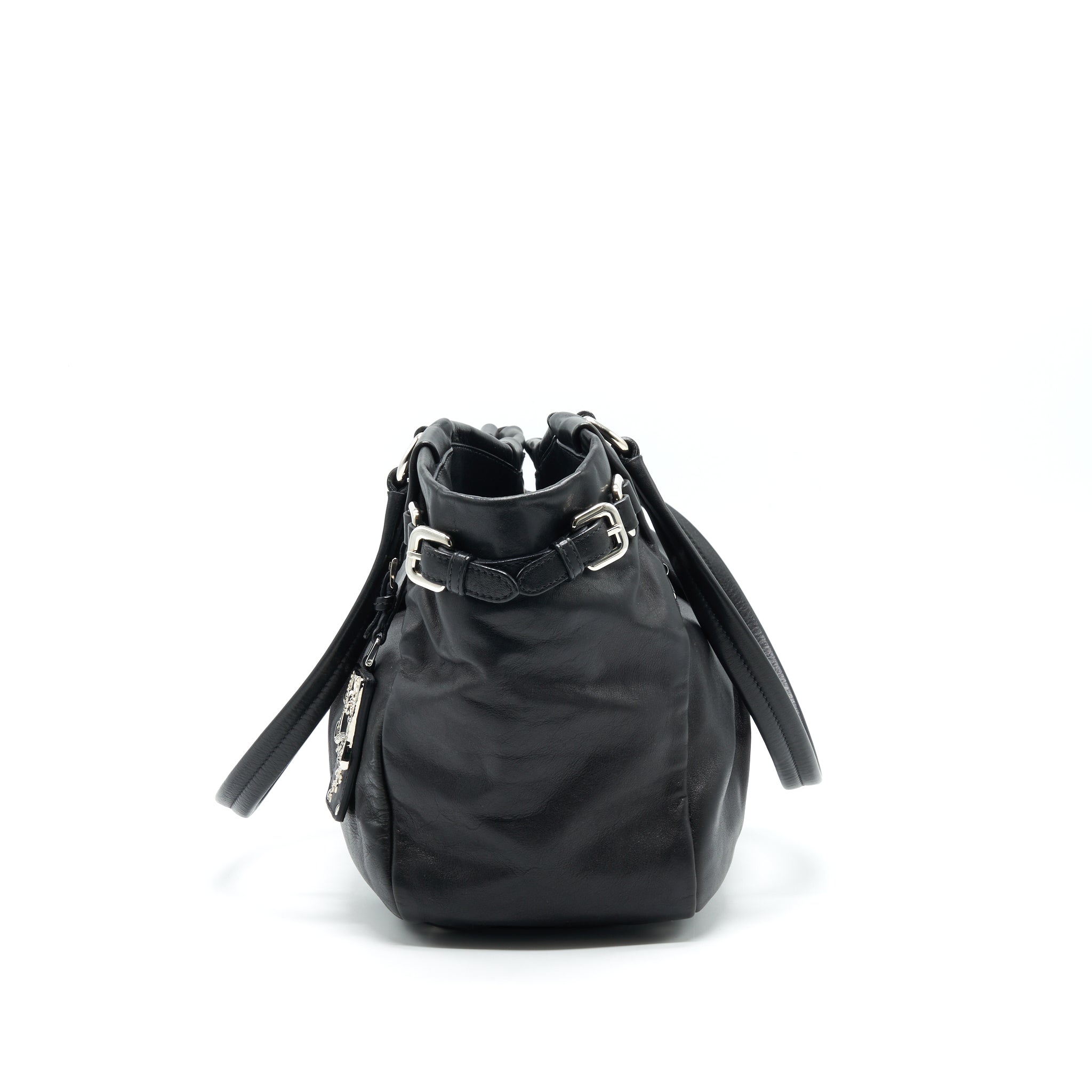 PRADA PRUGNA SOFT CALFSKIN LEATHER SHOPPING TOTE BAG BLACK