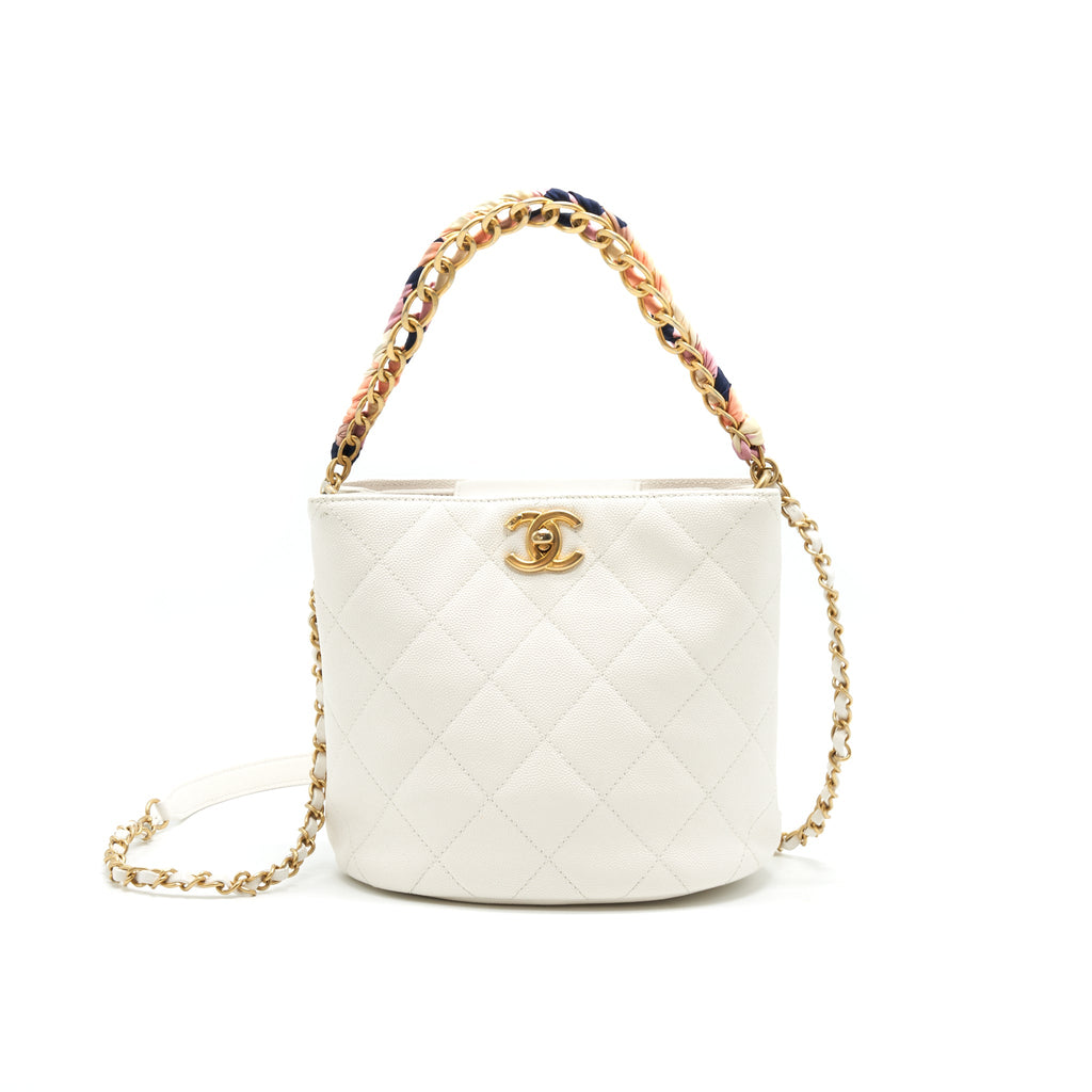 CHANEL BUCKET BAG WITH CHAIN HANDLE CAVIAR WHITE GHW