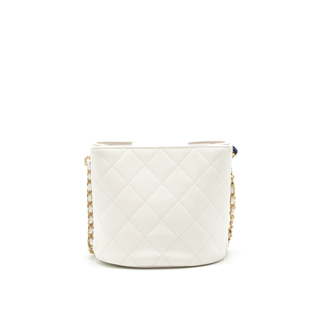 CHANEL BUCKET BAG WITH CHAIN HANDLE CAVIAR WHITE GHW