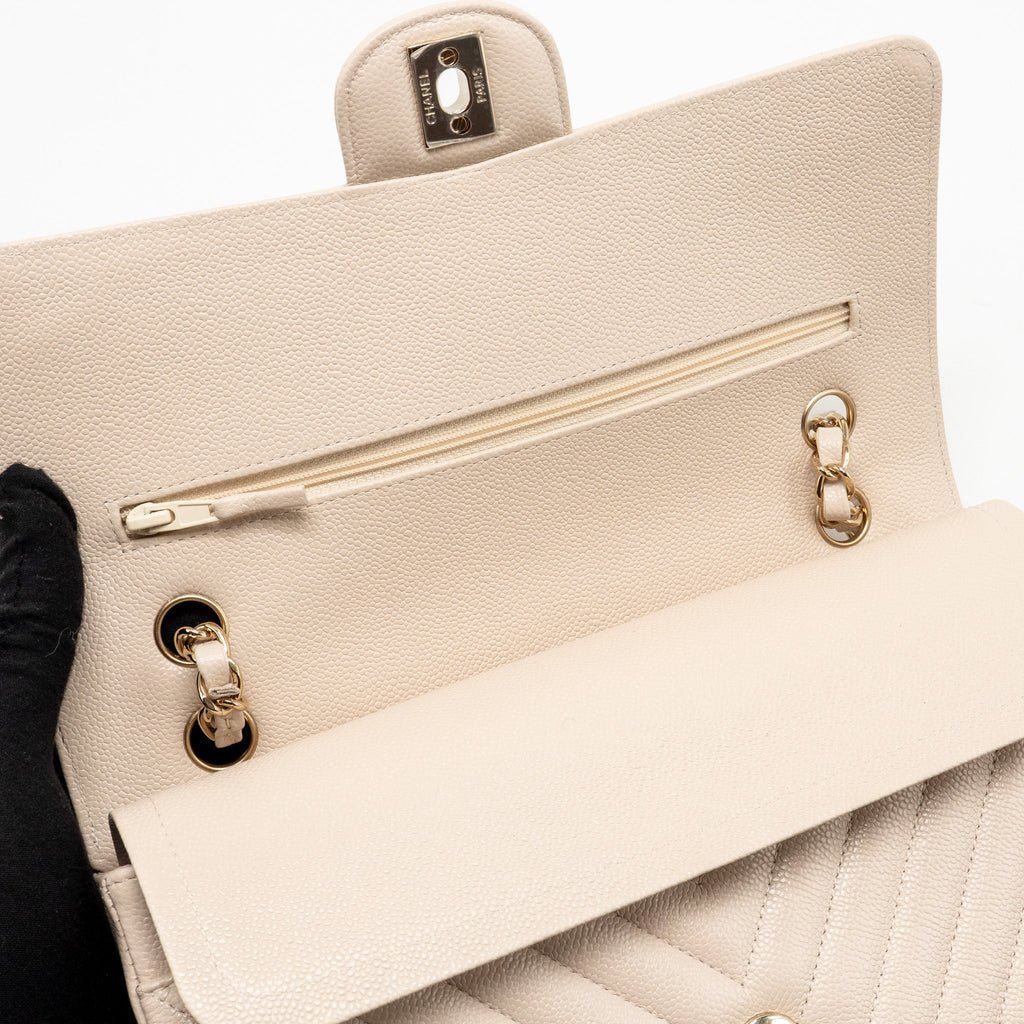 CHANEL MEDIUM CLASSIC DOUBLE FLAP BAG CHEVRON CAVIAR LIGHT BEIGE LGHW