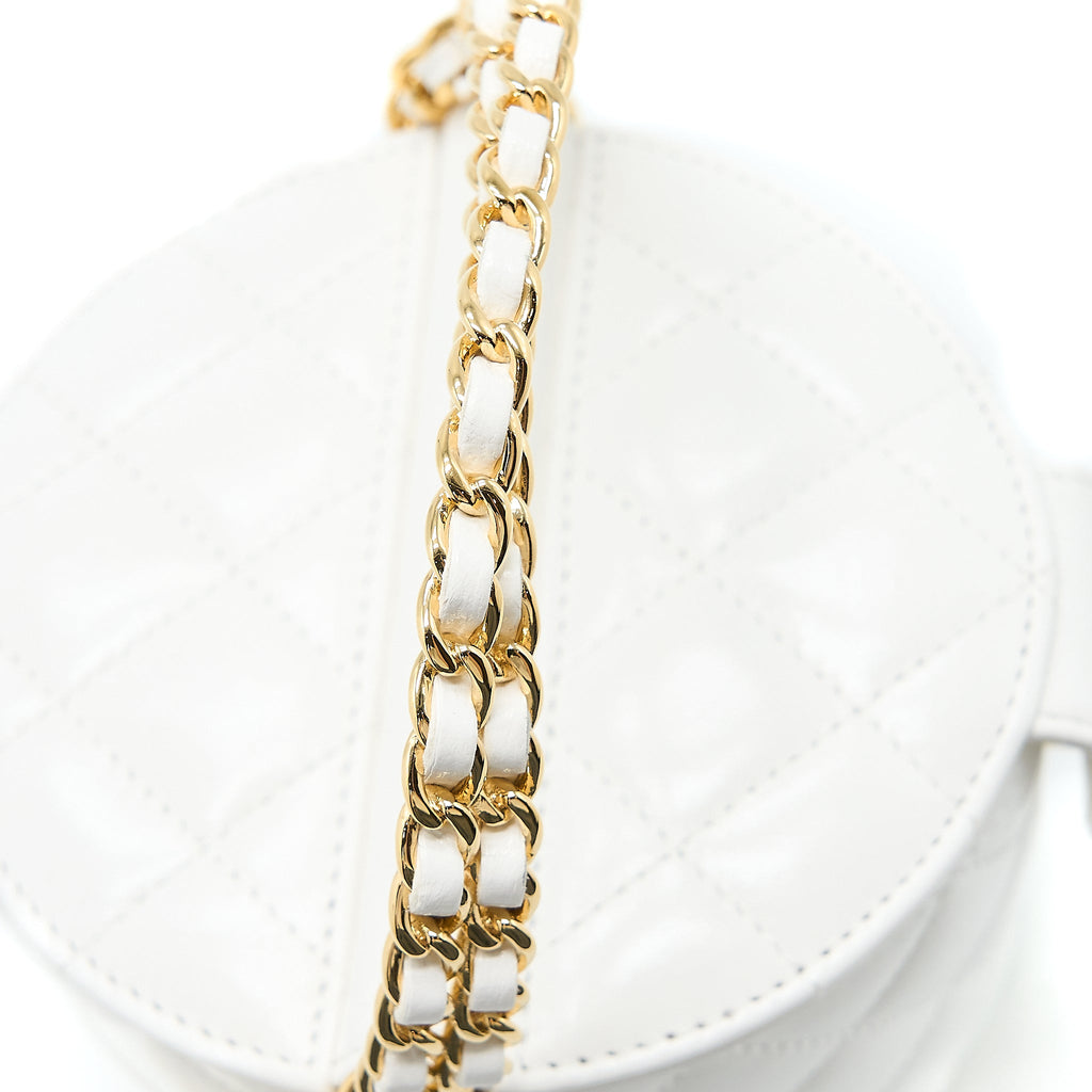CHANEL TOP HANDLE ROUND VANITY WITH CHAIN LAMBSKIN WHITE GHW (MICROCHIP)
