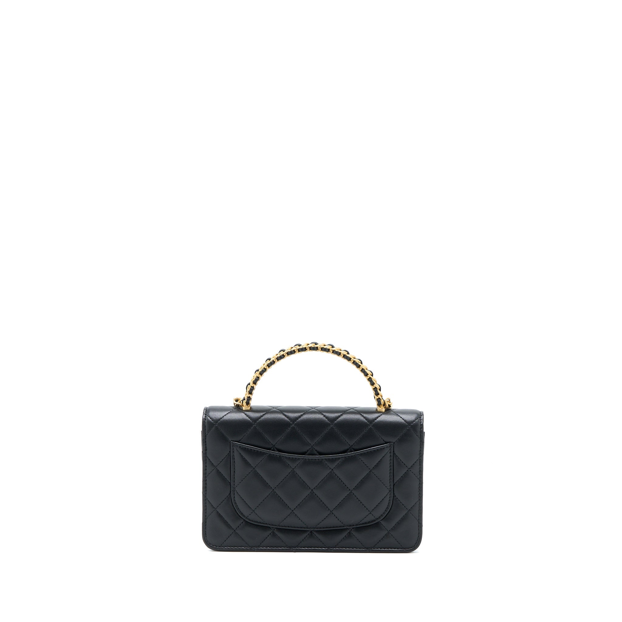 CHANEL TOP HANDLE WALLET ON CHAIN LAMBSKIN BLACK BRUSHED GHW (MICROCHIP)