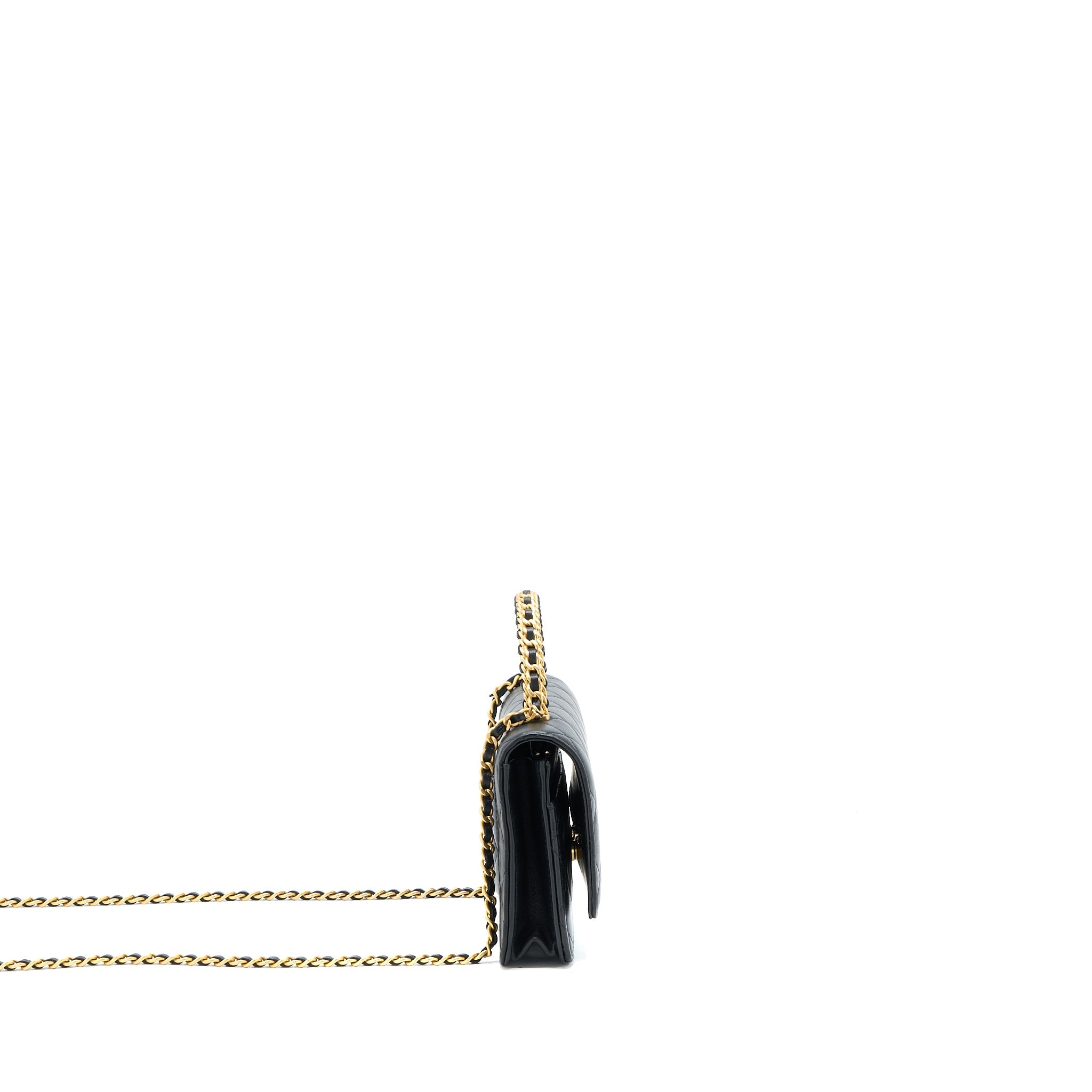 CHANEL TOP HANDLE WALLET ON CHAIN LAMBSKIN BLACK BRUSHED GHW (MICROCHIP)