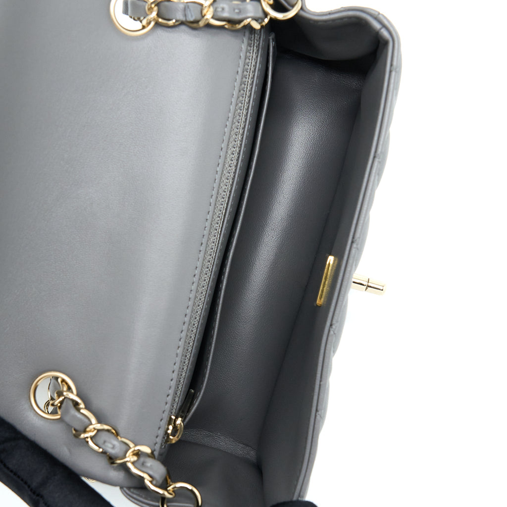 CHANEL 22A MINI RECTANGULAR FLAP BAG LAMBSKIN GREY LGHW (MICROCHIP).