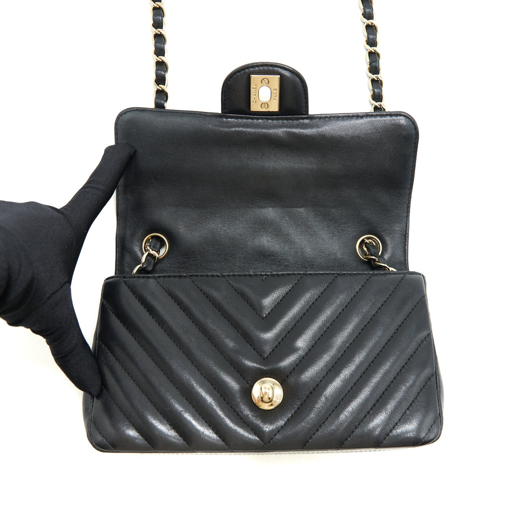 CHANEL CHEVRON MINI RECTANGULAR FLAP BAG LAMBSKIN BLACK LGHW