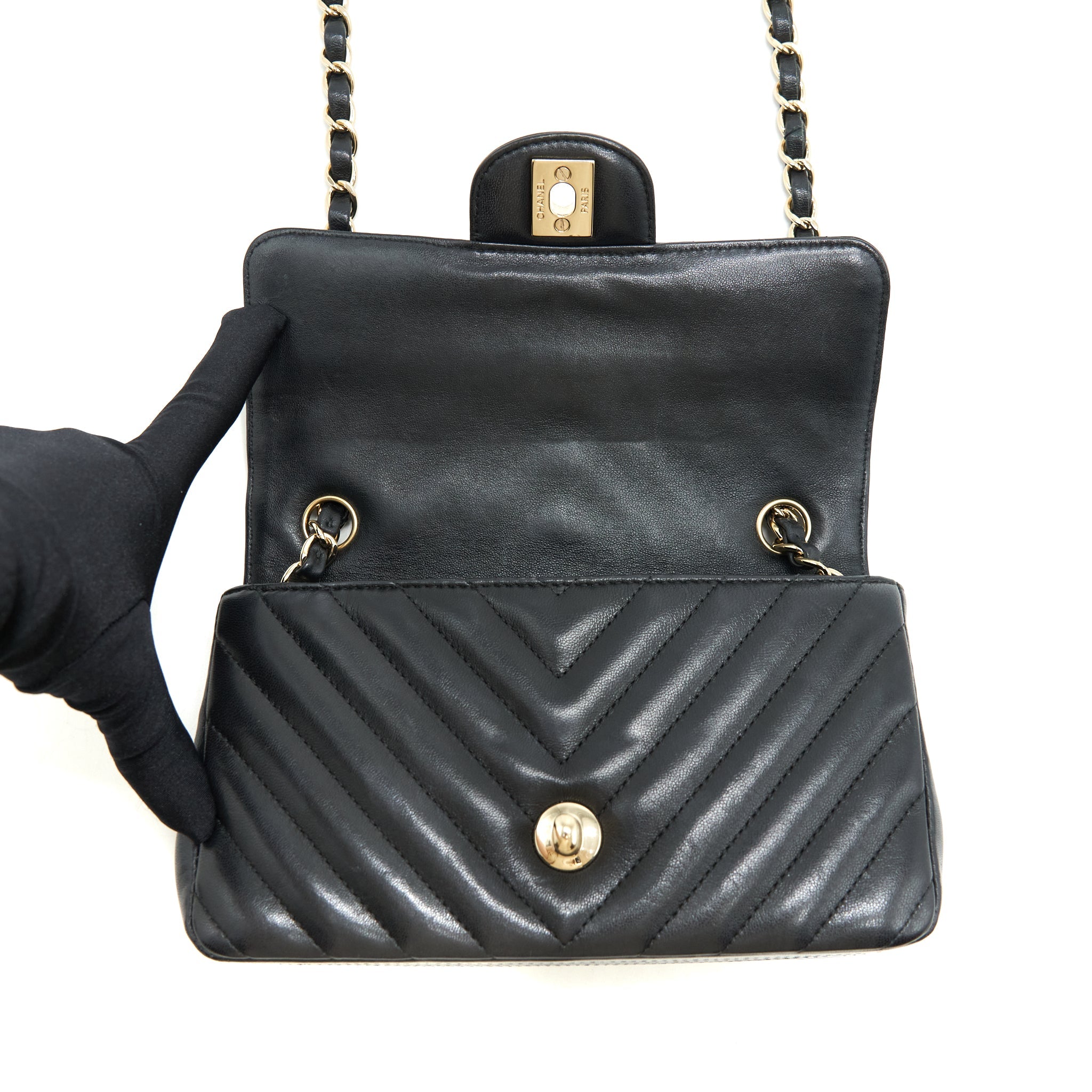 CHANEL CHEVRON MINI RECTANGULAR FLAP BAG LAMBSKIN BLACK LGHW