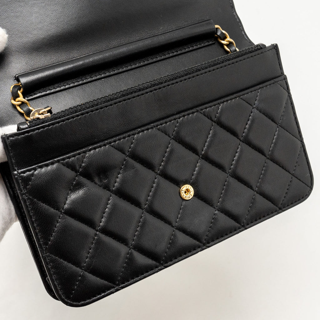 CHANEL BOY WALLET ON CHAIN LAMBSKIN BLACK GHW