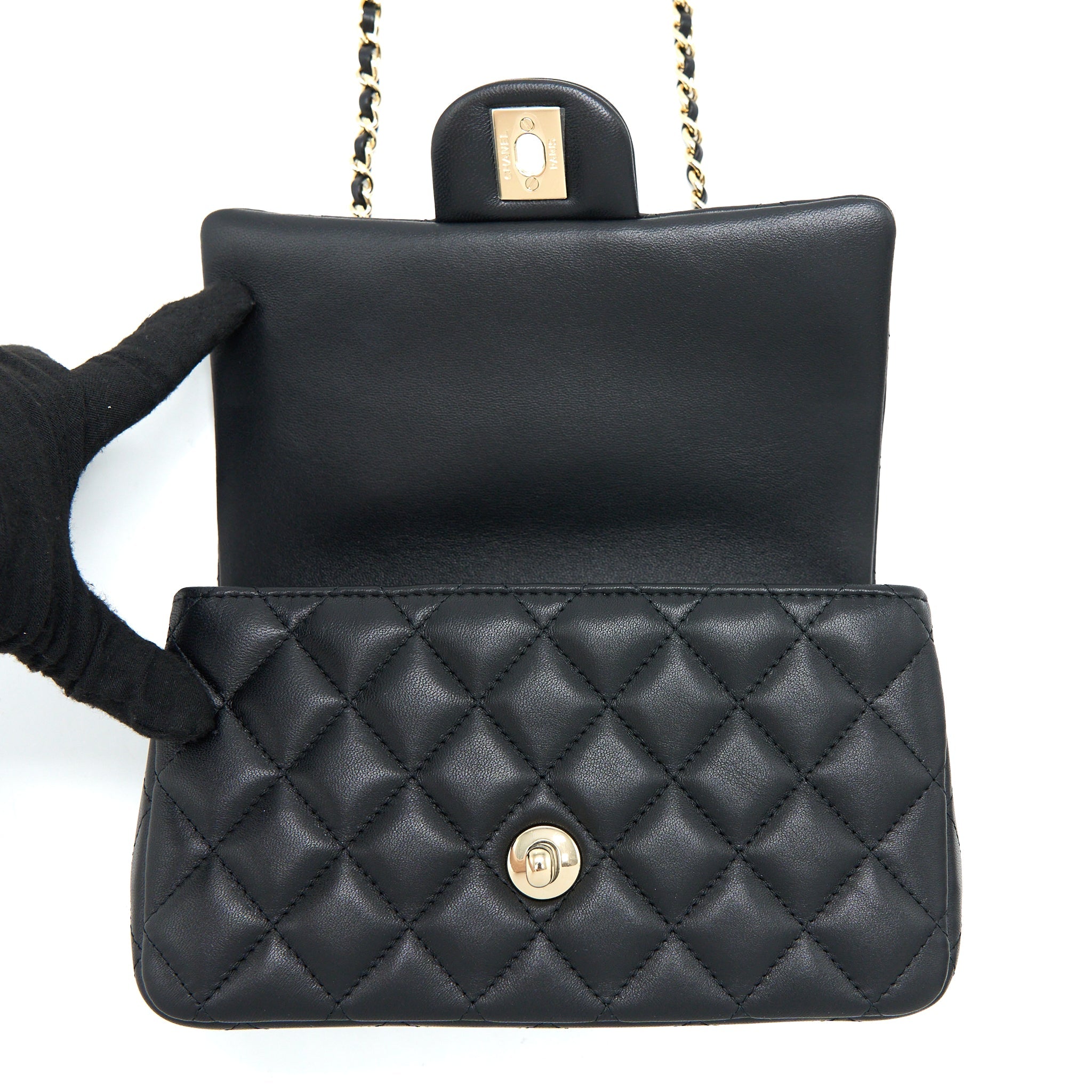 CHANEL TOP HANDLE MINI RECTANGULAR FLAP BAG LAMBSKIN BLACK LGHW (MICROCHIP)