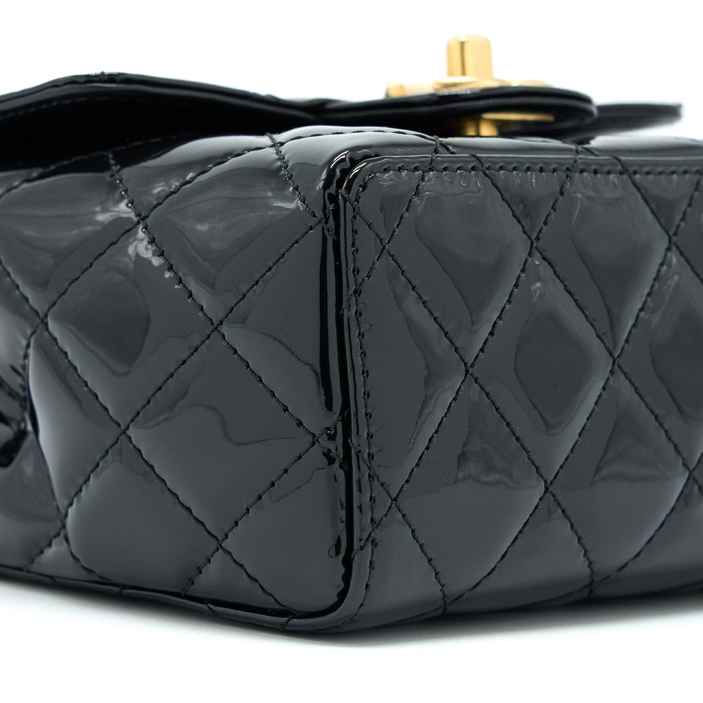 CHANEL 22K RETRO CLASSIC NEW SQUARE MINI FLAP BAG PATENT BLACK BRUSHED GHW(MICROCHIP)