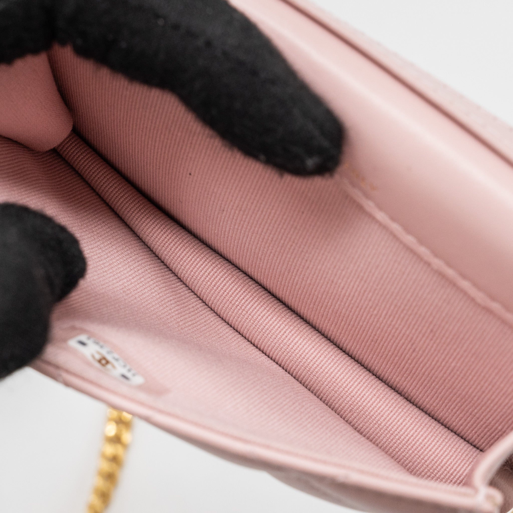 CHANEL MINI FLAP CARD HOLDER WITH CHAIN LIMITED EDITION LAMBSKIN LIGHT PINK GHW (MICROCHIP)