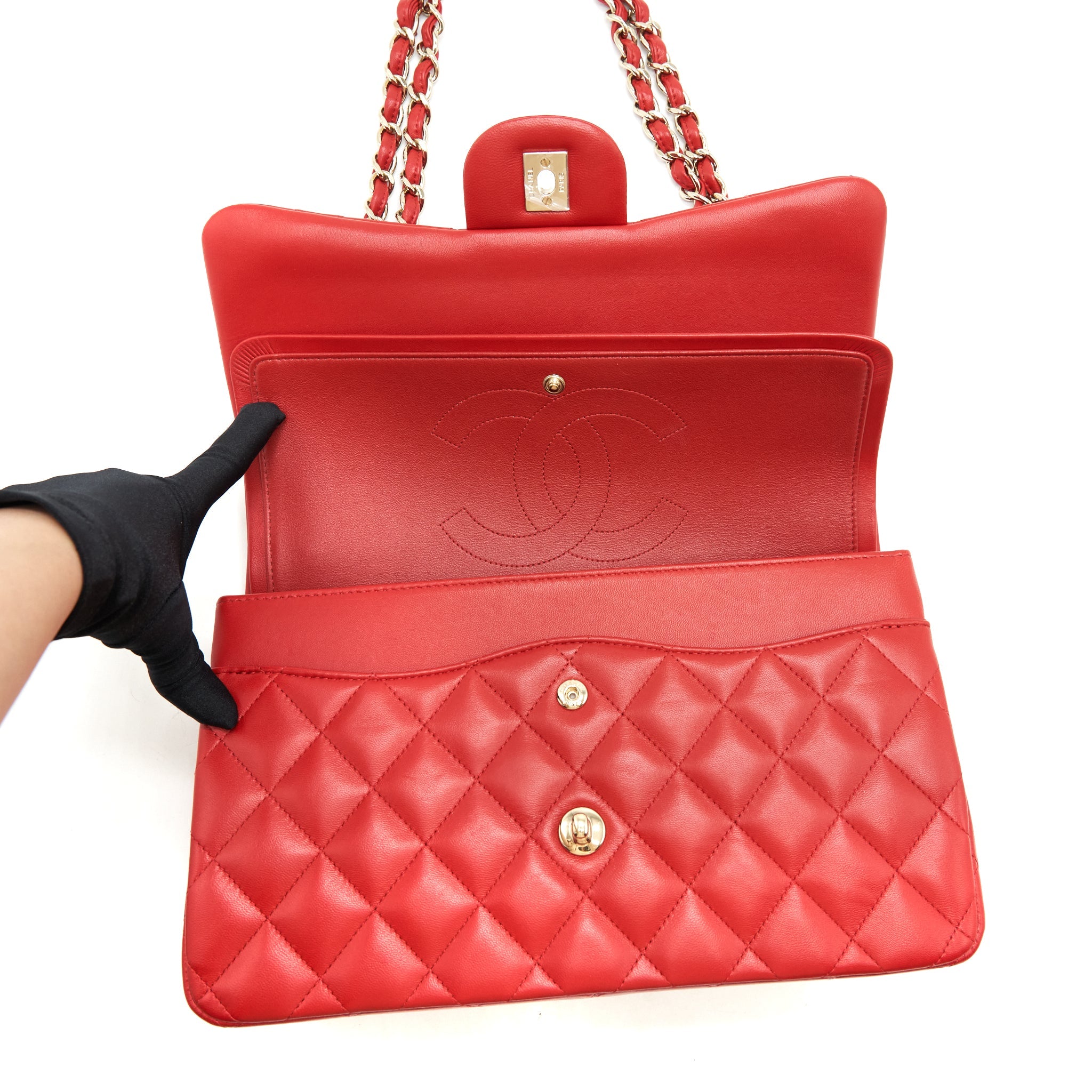 CHANEL CLASSIC JUMBO DOUBLE FLAP BAG LAMBSKIN RED LGHW