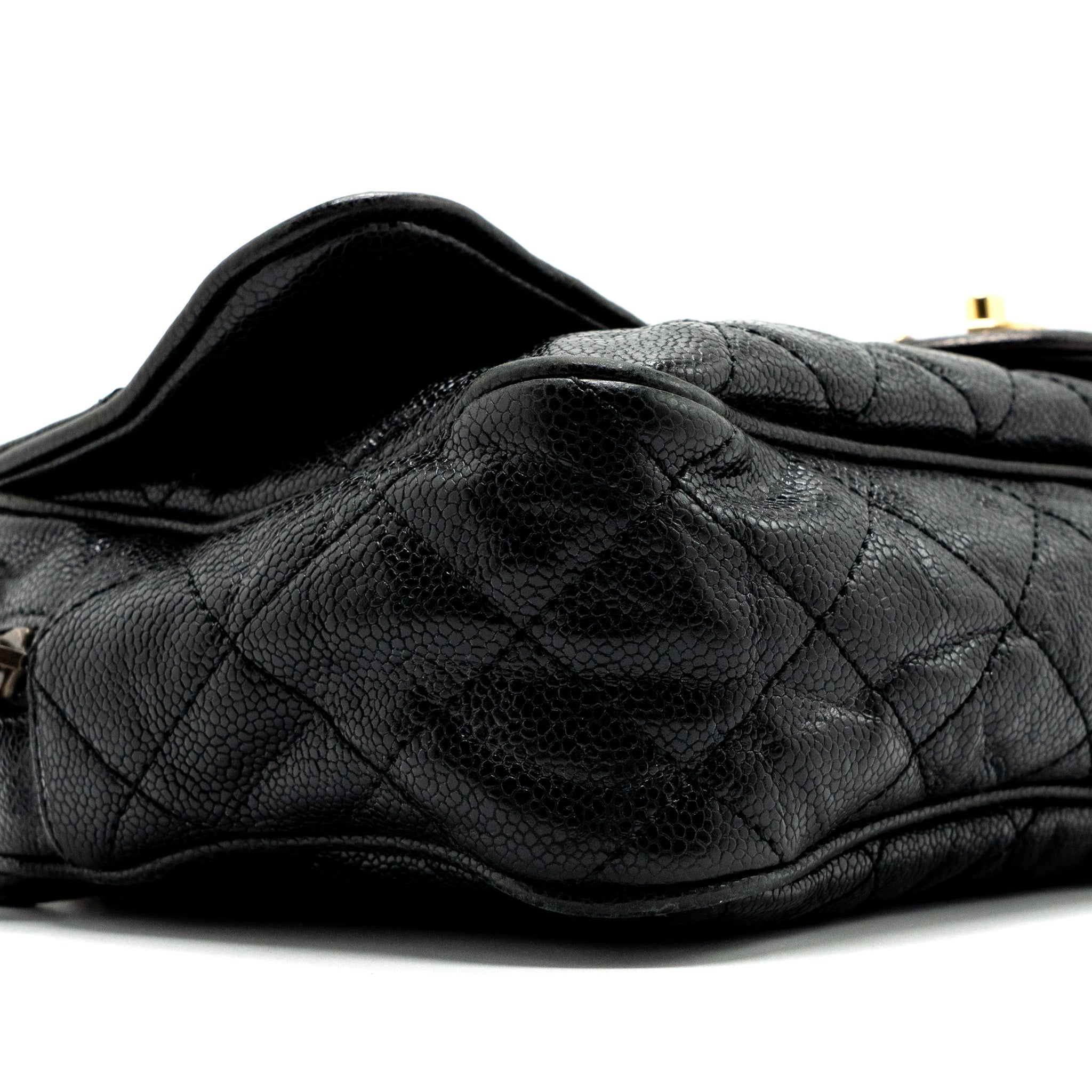CHANEL LARGE FLAP BAG GRAINED CALFSKIN BLACK BRUSHED GHW