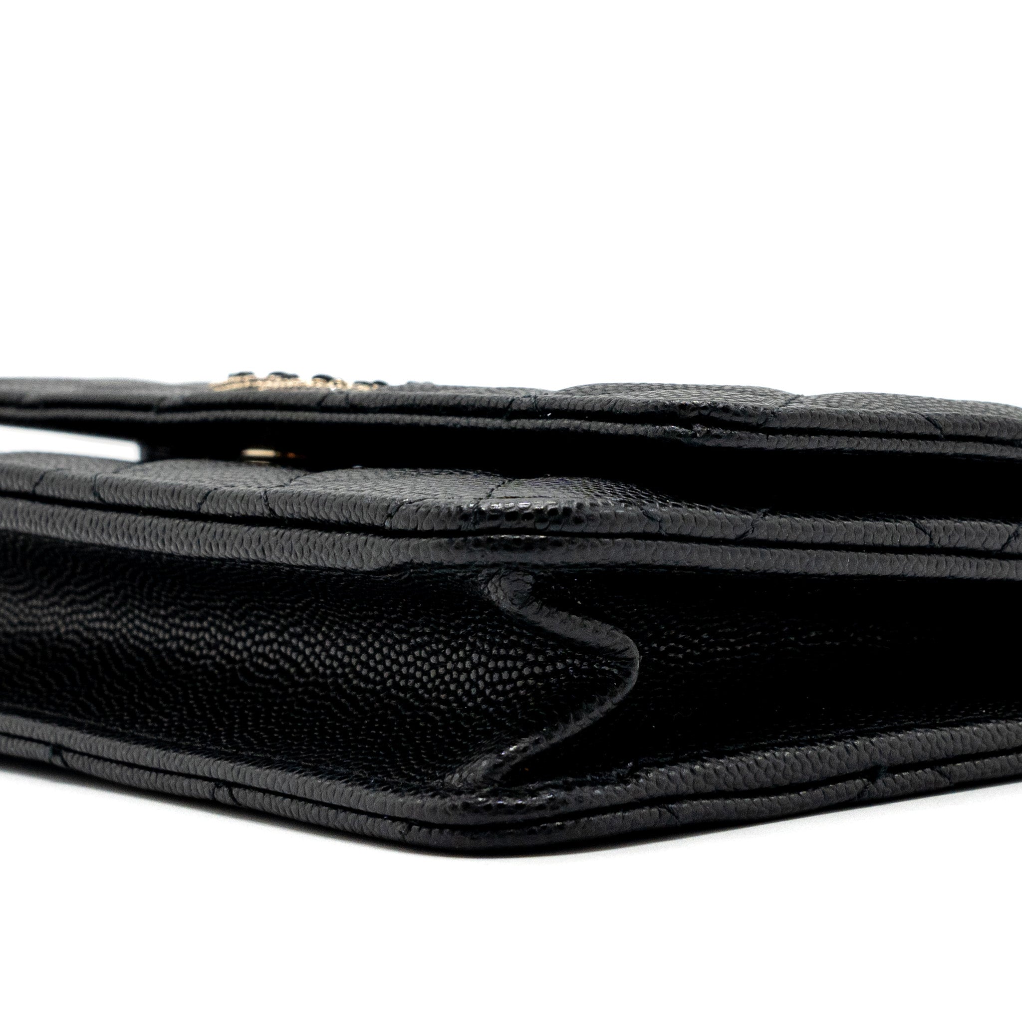 CHANEL DETAILED LOGO WALLET ON CHAIN BLACK CAVIAR LGHW (MICROCHIP)