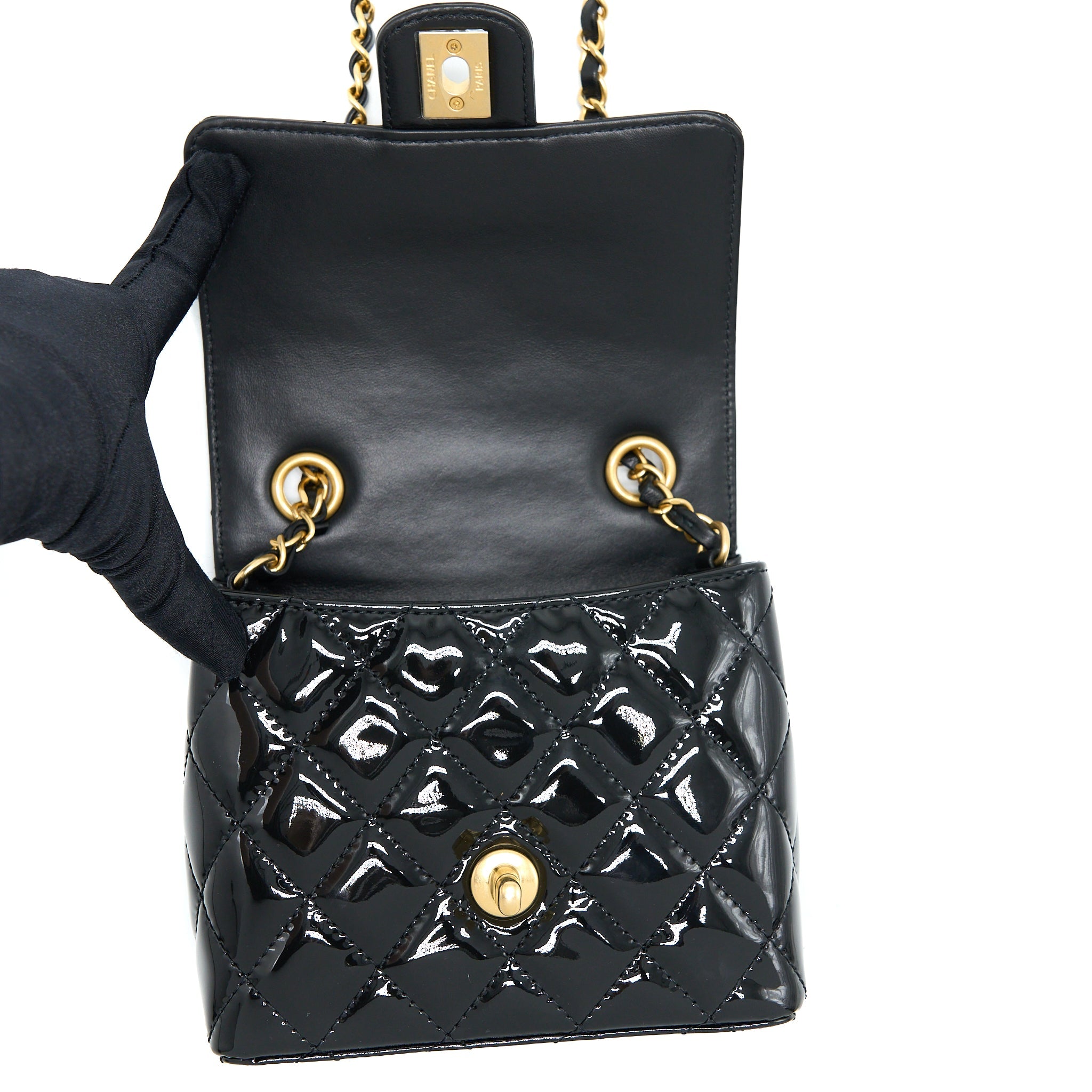 CHANEL 22K RETRO CLASSIC NEW SQUARE MINI FLAP BAG PATENT BLACK BRUSHED GHW(MICROCHIP)