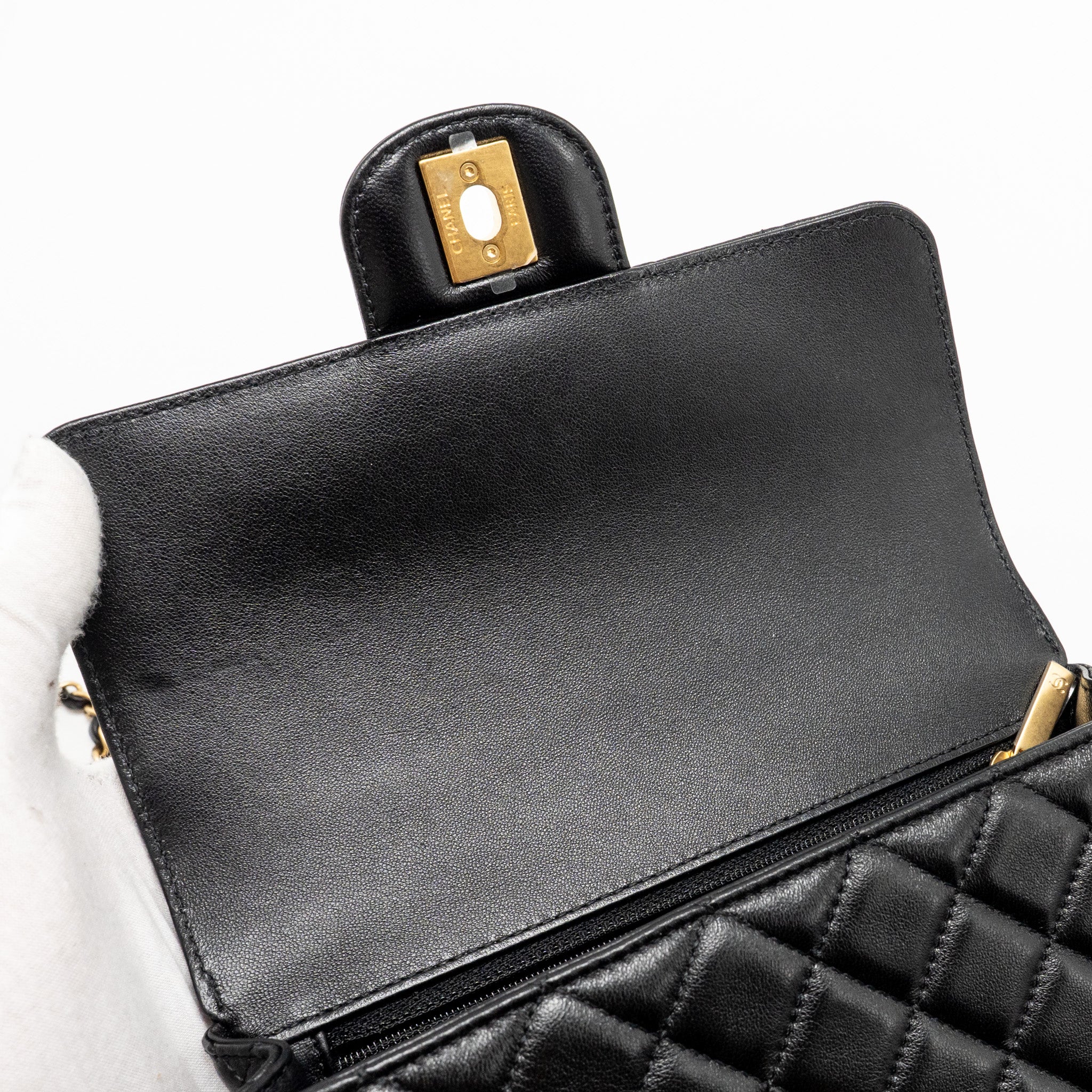 CHANEL 24C DETAIL TOP HANDLE FLAP BAG LAMBSKIN BLACK GHW (MICROCHIP)
