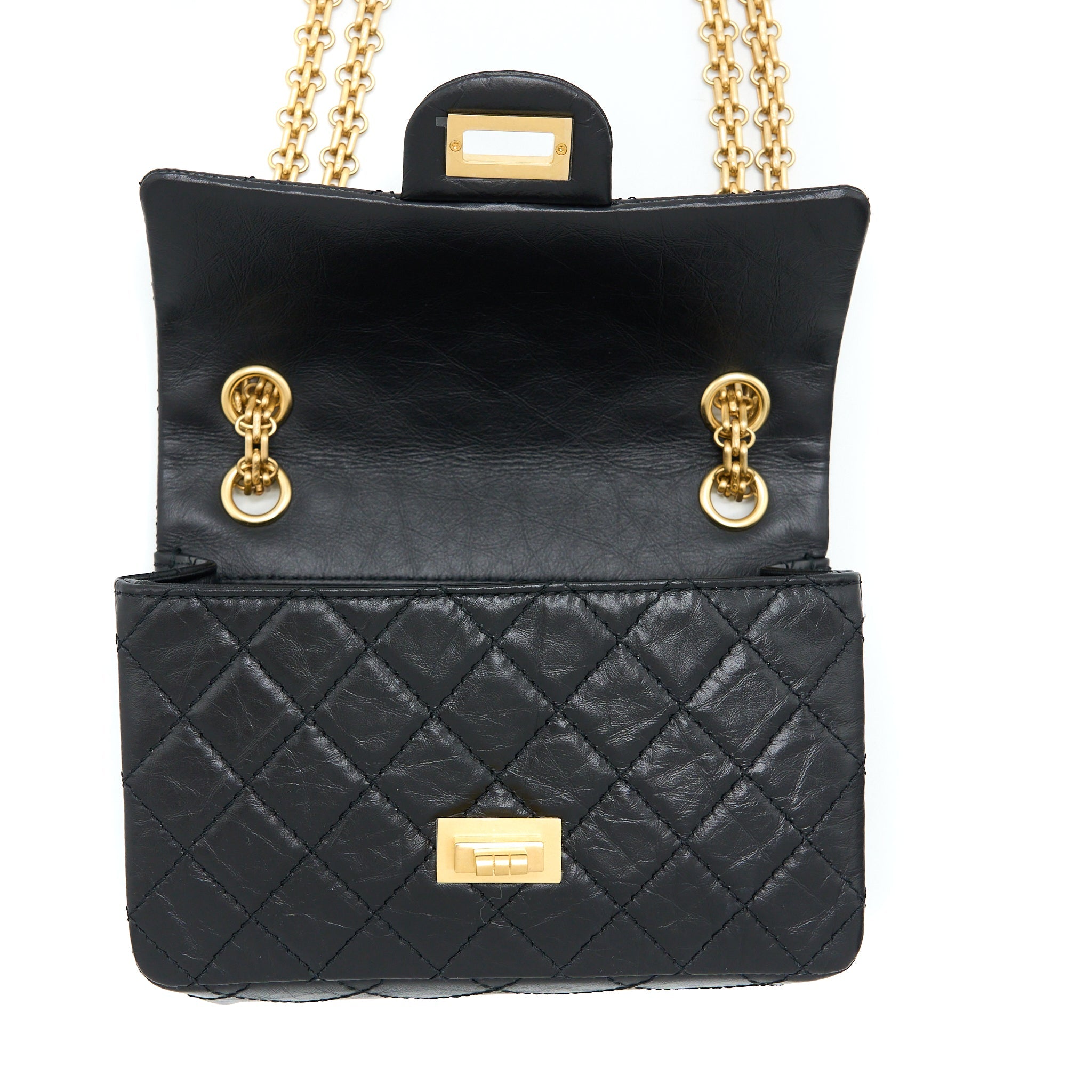 CHANEL MINI 2.55 REISSUE FLAP BAG AGED CALFSKIN BLACK BRUSHED GHW (MICROCHIP)